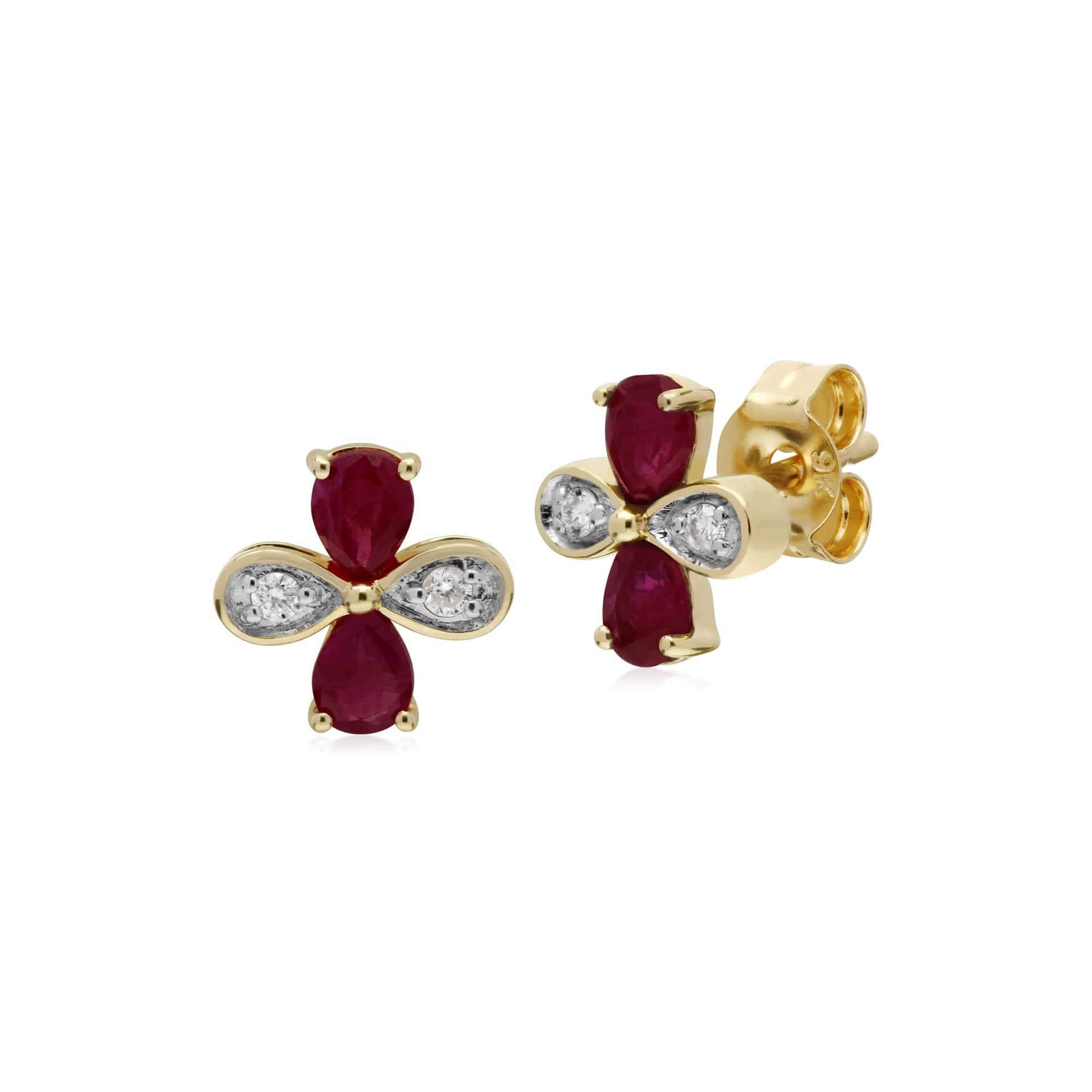 135E1576019 Gemondo 9ct Yellow Gold Ruby & Diamond Floral Earrings 1