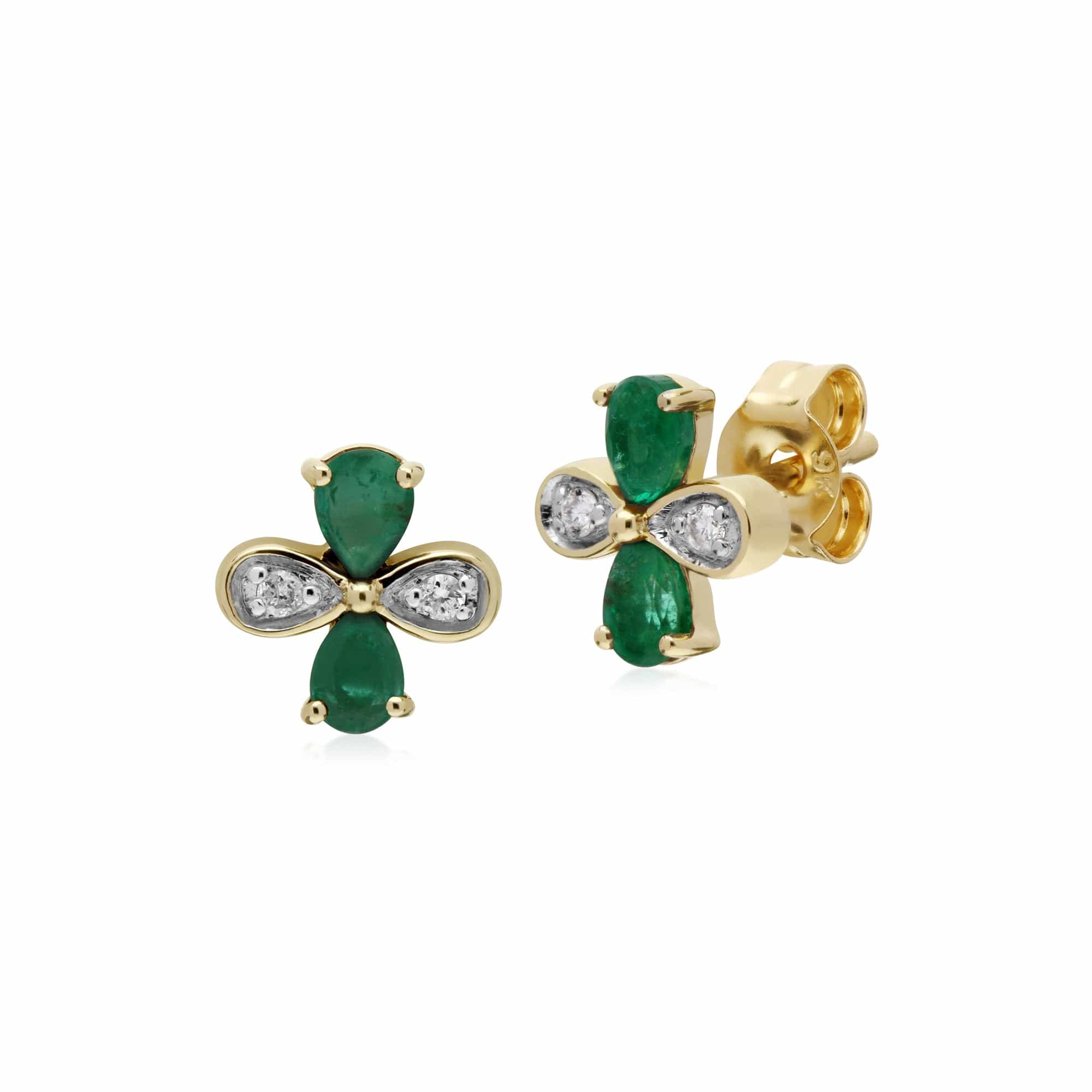 135E1576029 Floral Pear Emerald & Diamond Clover Stud Earrings in 9ct Yellow Gold 1