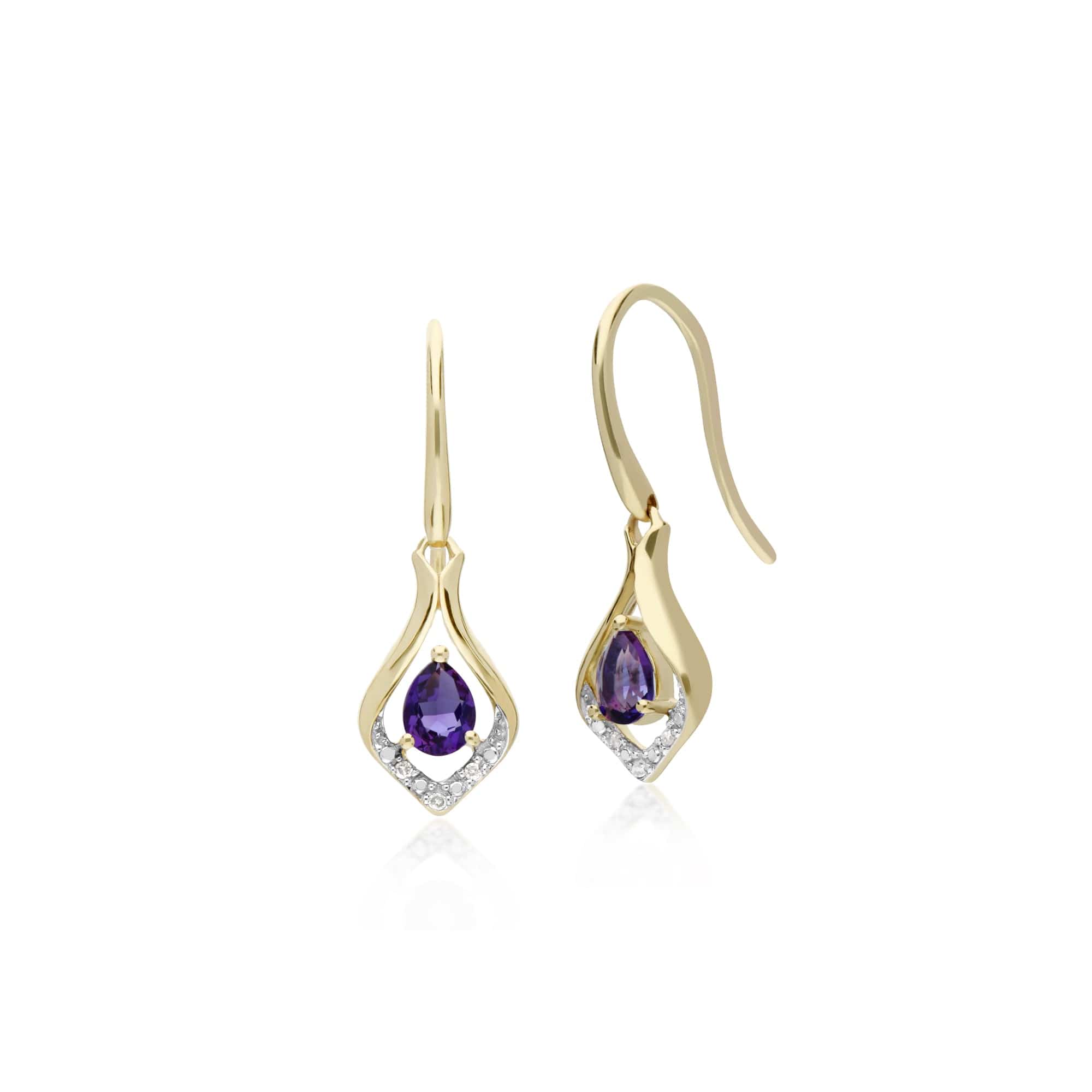 135E1577059 Classic Pear Amethyst & Diamond Leaf Halo Drop Earrings in 9ct Yellow Gold 1