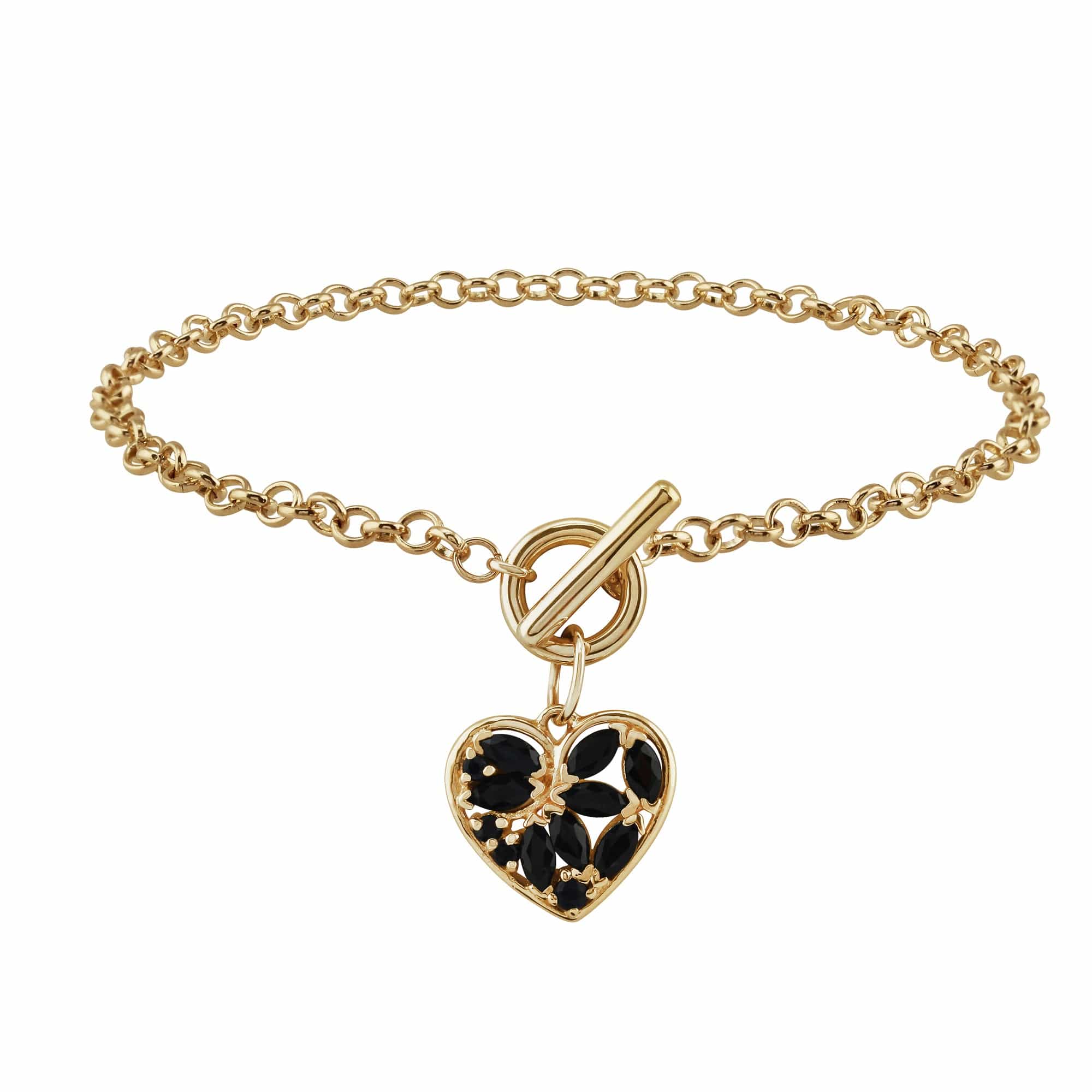 Classic Marquise Sapphire Heart Charm T-Bar Bracelet in 9ct Gold - Gemondo