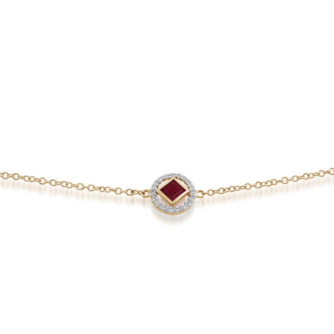 Classic Square Ruby & Diamond Halo Bracelet in 9ct Yellow Gold - Gemondo