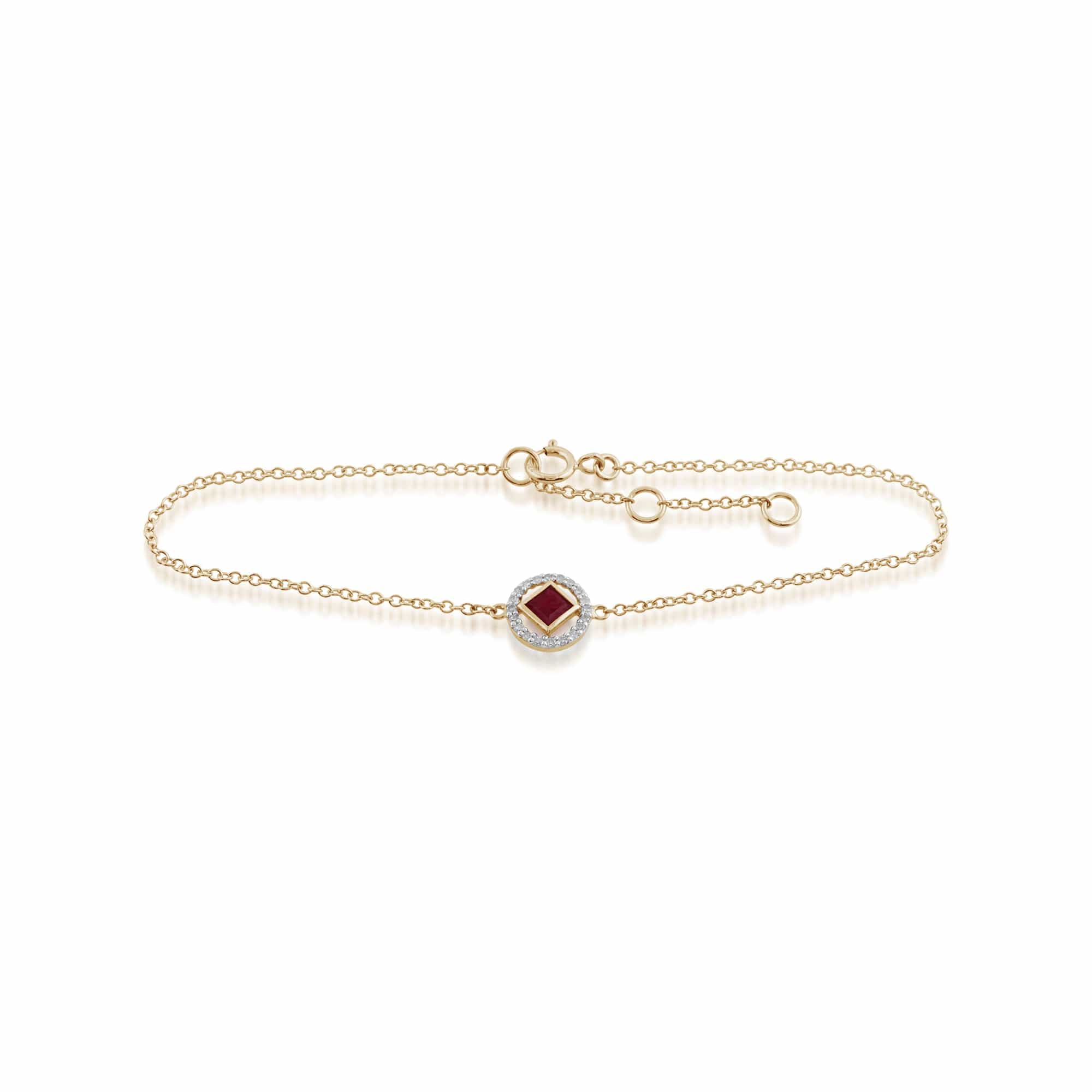 Classic Square Ruby & Diamond Halo Bracelet in 9ct Yellow Gold - Gemondo