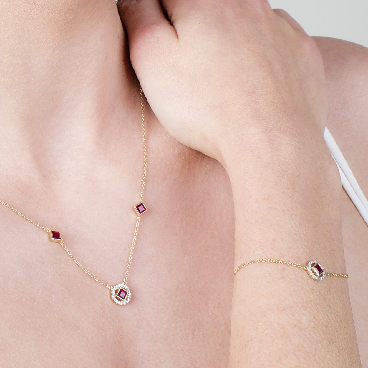 Classic Square Ruby & Diamond Halo Bracelet in 9ct Yellow Gold - Gemondo