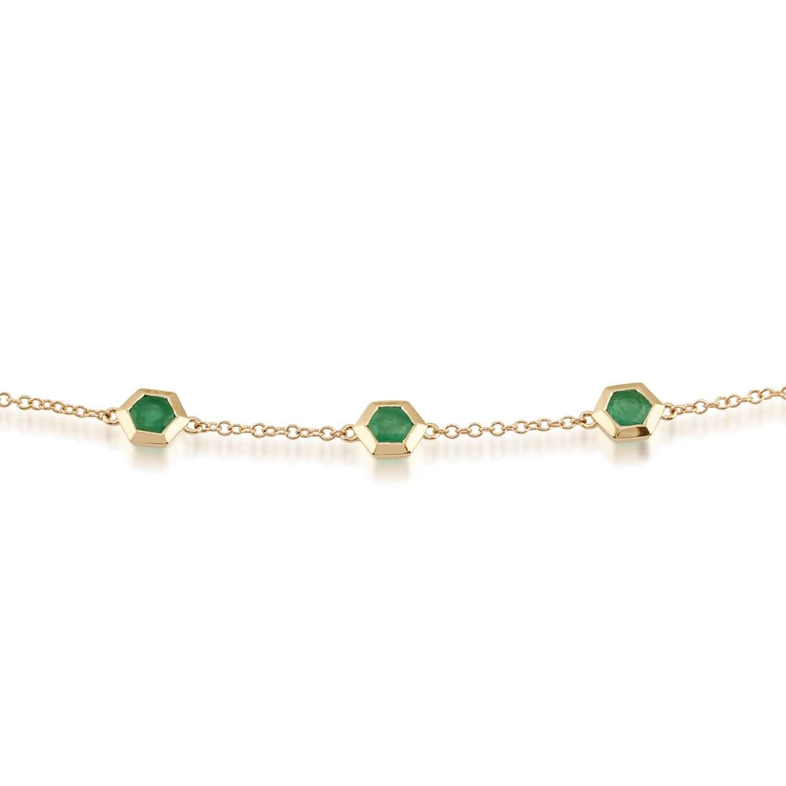 Geometric Hexagon Emerald Bezel Set Three Stone Bracelet in 9ct Yellow Gold