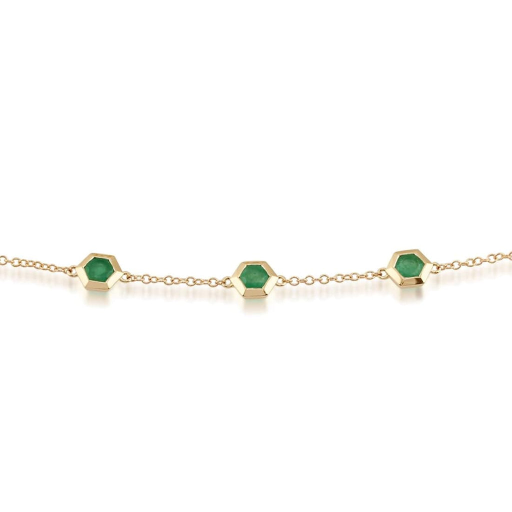 Geometric Hexagon Emerald Bezel Set Three Stone Bracelet 9ct Yellow Gold