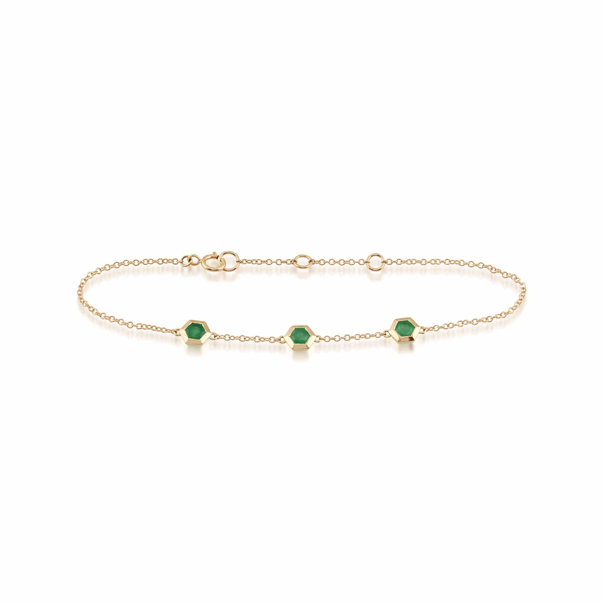 Geometric Hexagon Emerald Bezel Set Three Stone Bracelet in 9ct Yellow Gold