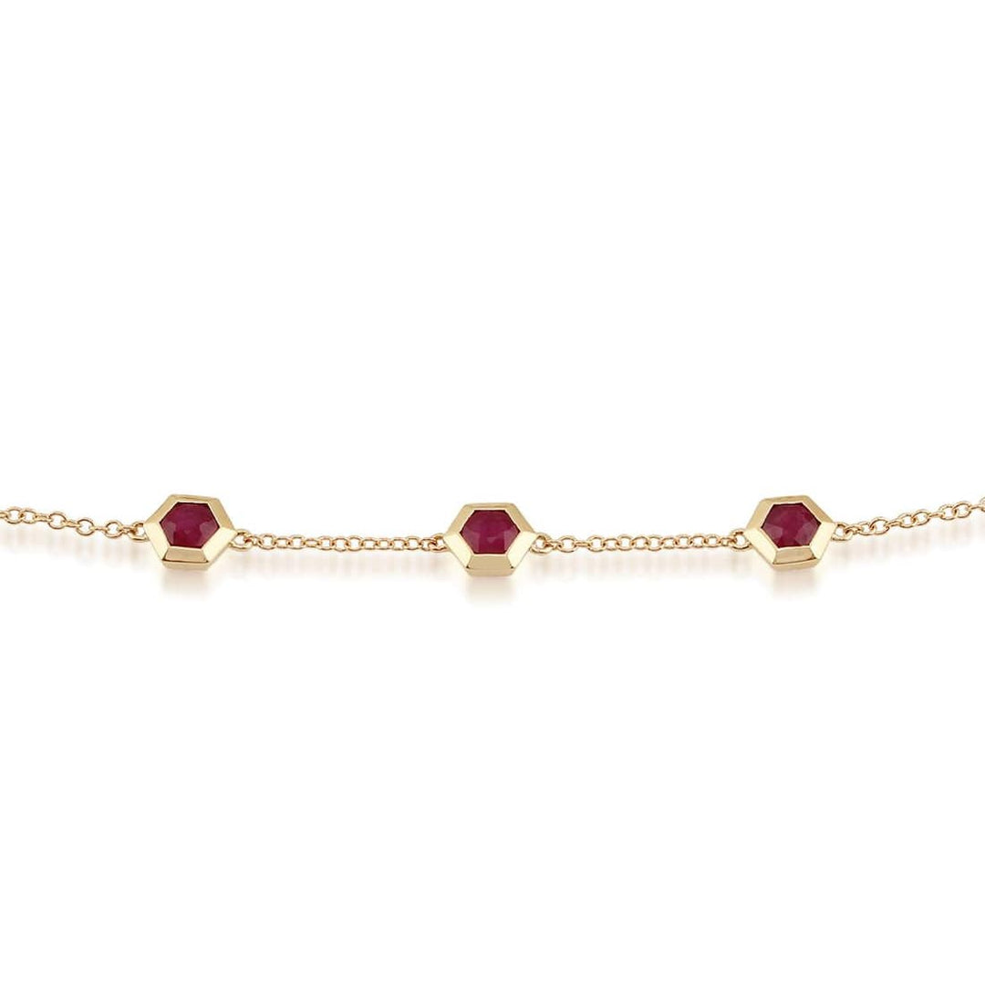 Geometric Hexagon Ruby Bezel Three Stone Bracelet in 9ct Gold