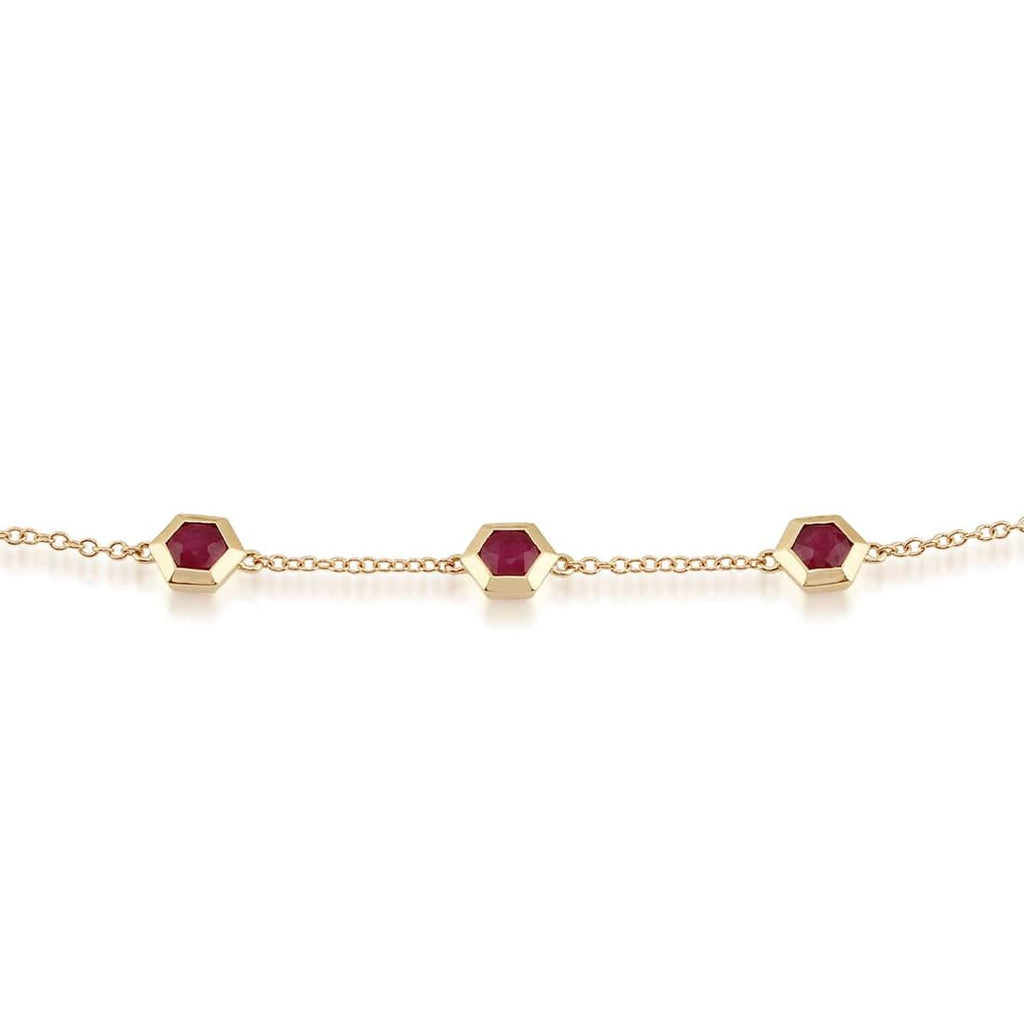 Geometric Hexagon Ruby Bezel Set Three Stone Bracelet 9ct Yellow Gold