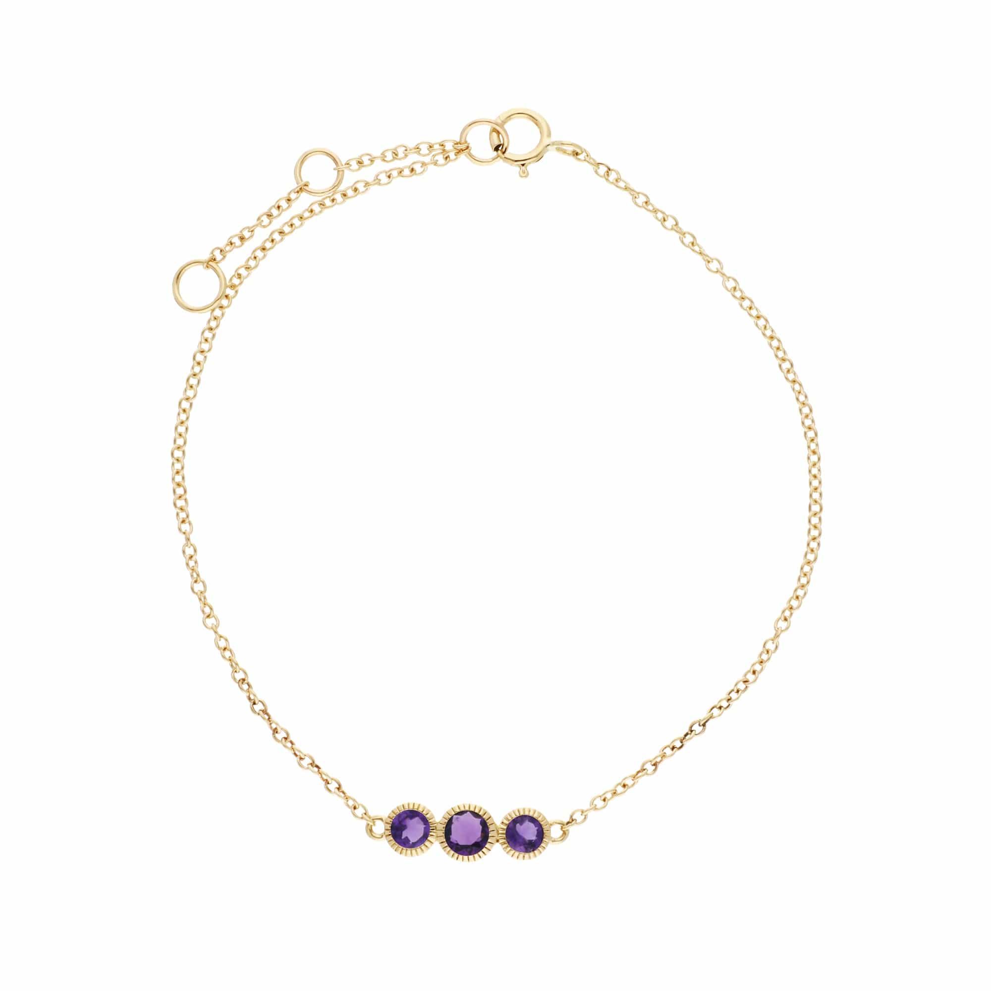 135L0289049 Classic Round Amethyst Three Stone Milgrain Bracelet in 9ct Gold 1