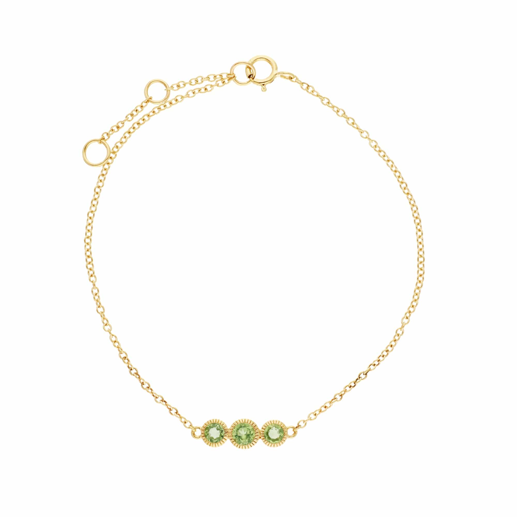 135L0289079 Classic Round Peridot Three Stone Milgrain Bracelet in 9ct Yellow Gold 1