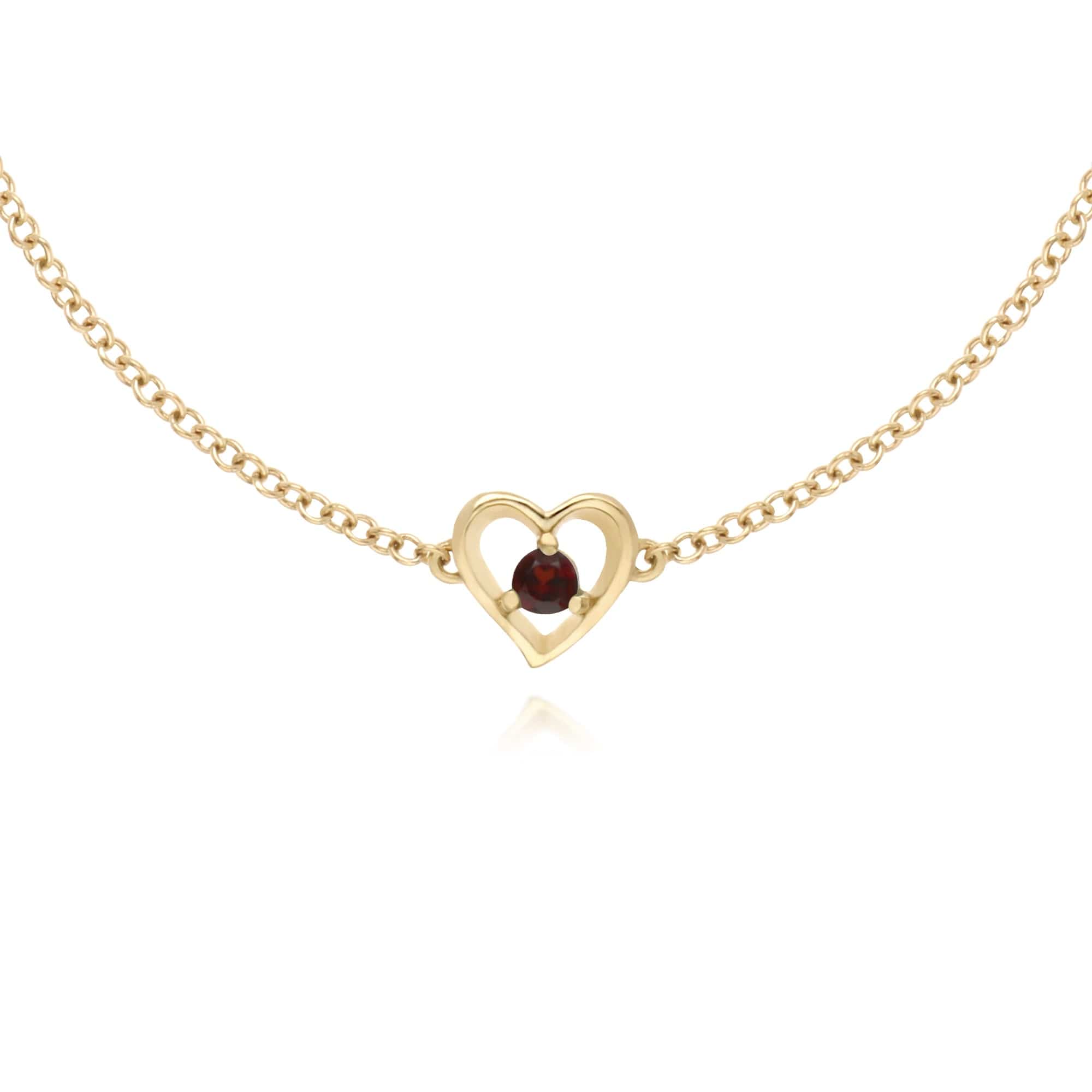 135L0290089 Classic Single Stone Round Garnet Love Heart Bracelet in 9ct Yellow Gold 1