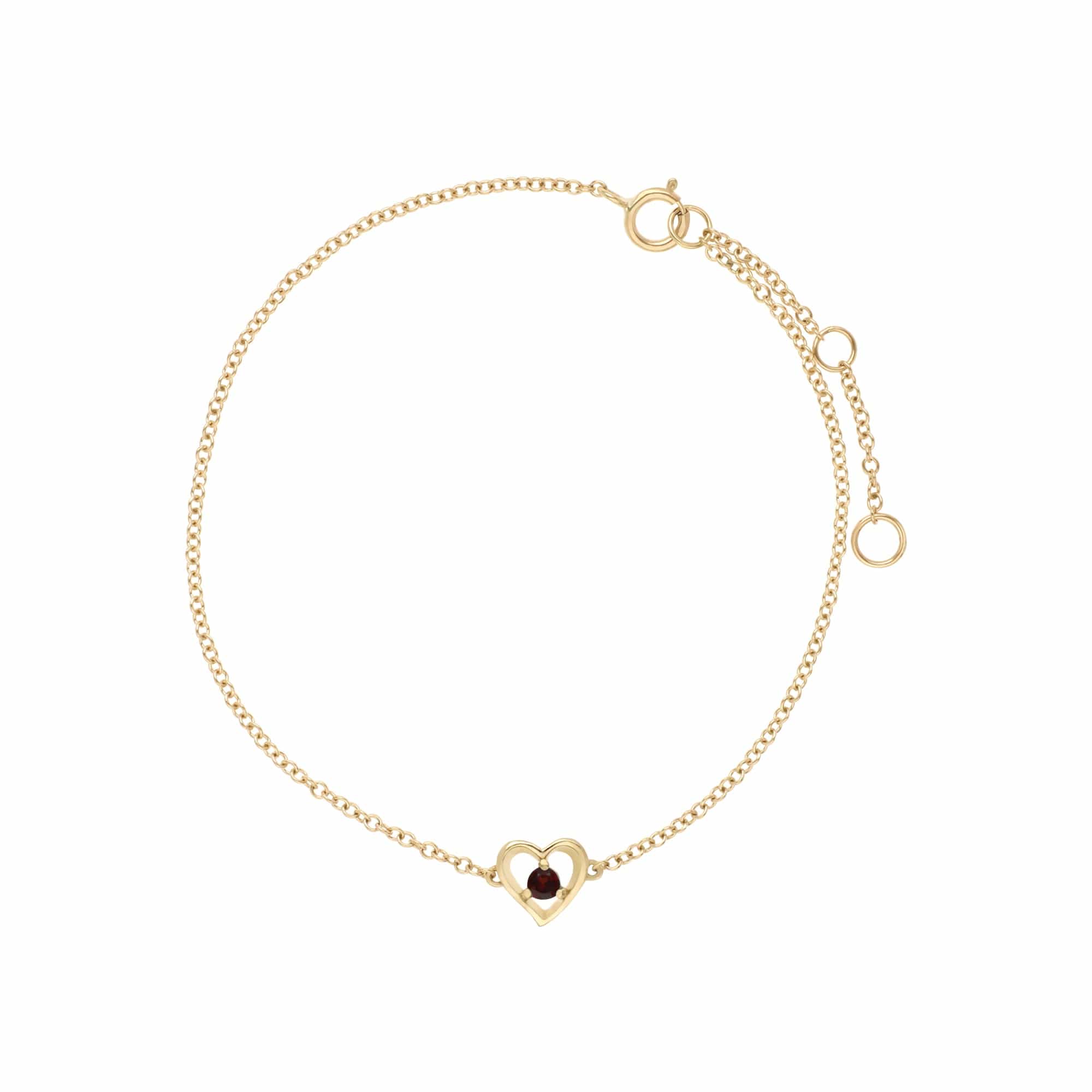 135L0290089 Classic Single Stone Round Garnet Love Heart Bracelet in 9ct Yellow Gold 2