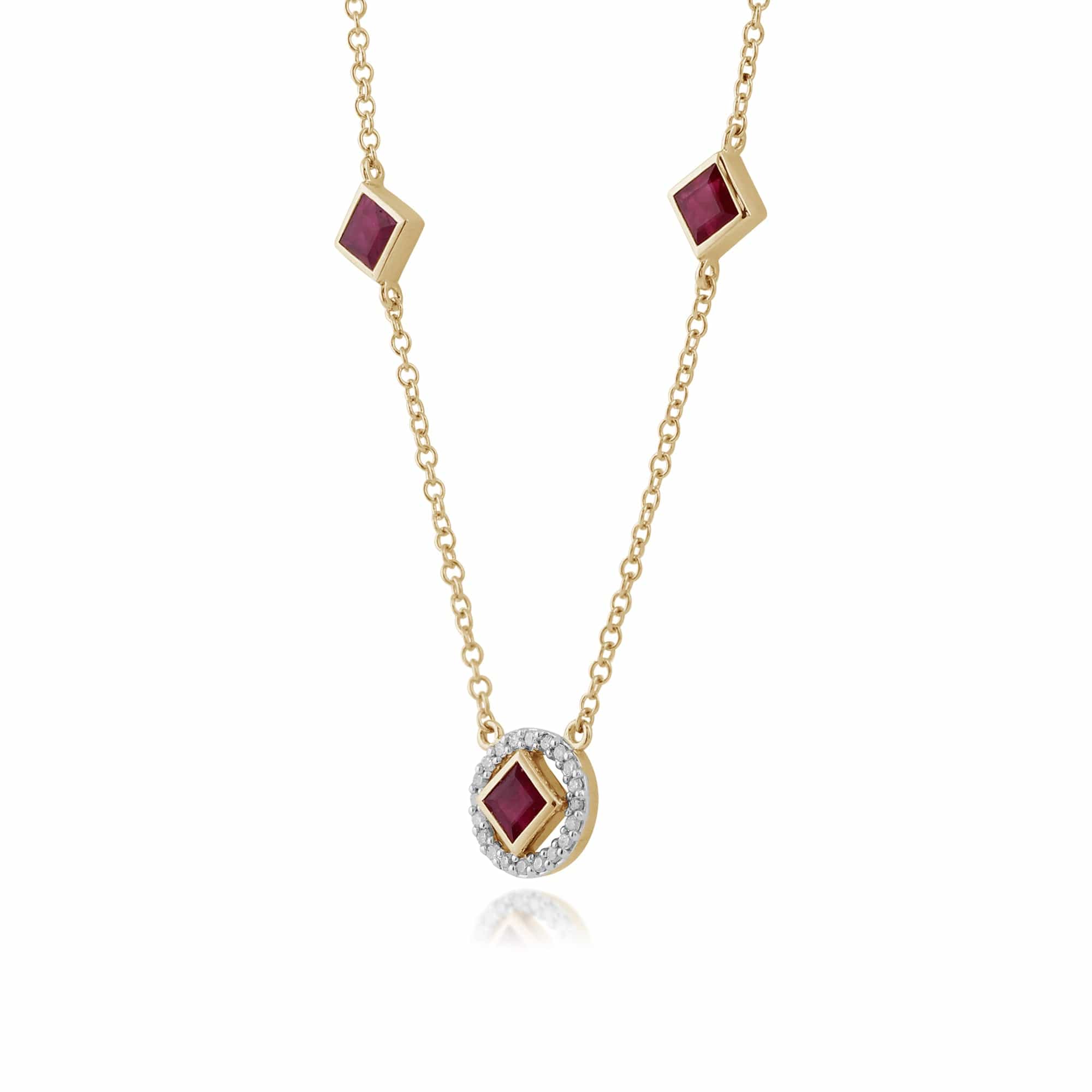 135N0278019 Classic Square Ruby & Diamond Halo Necklace in 9ct Yellow Gold 3