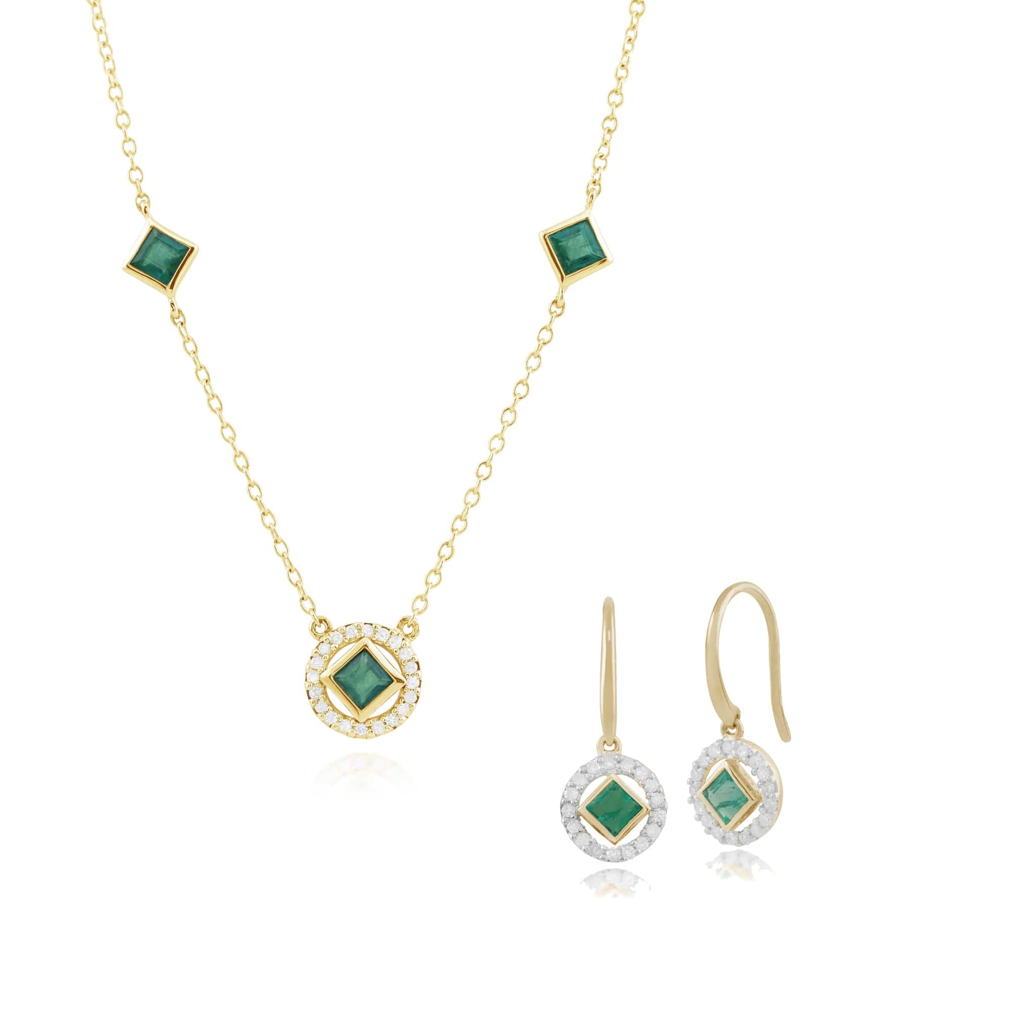 135E1227039-135N0278039 Geometric Square Emerald & Diamond Drop Earrings & Necklace Set in 9ct Yellow Gold 1
