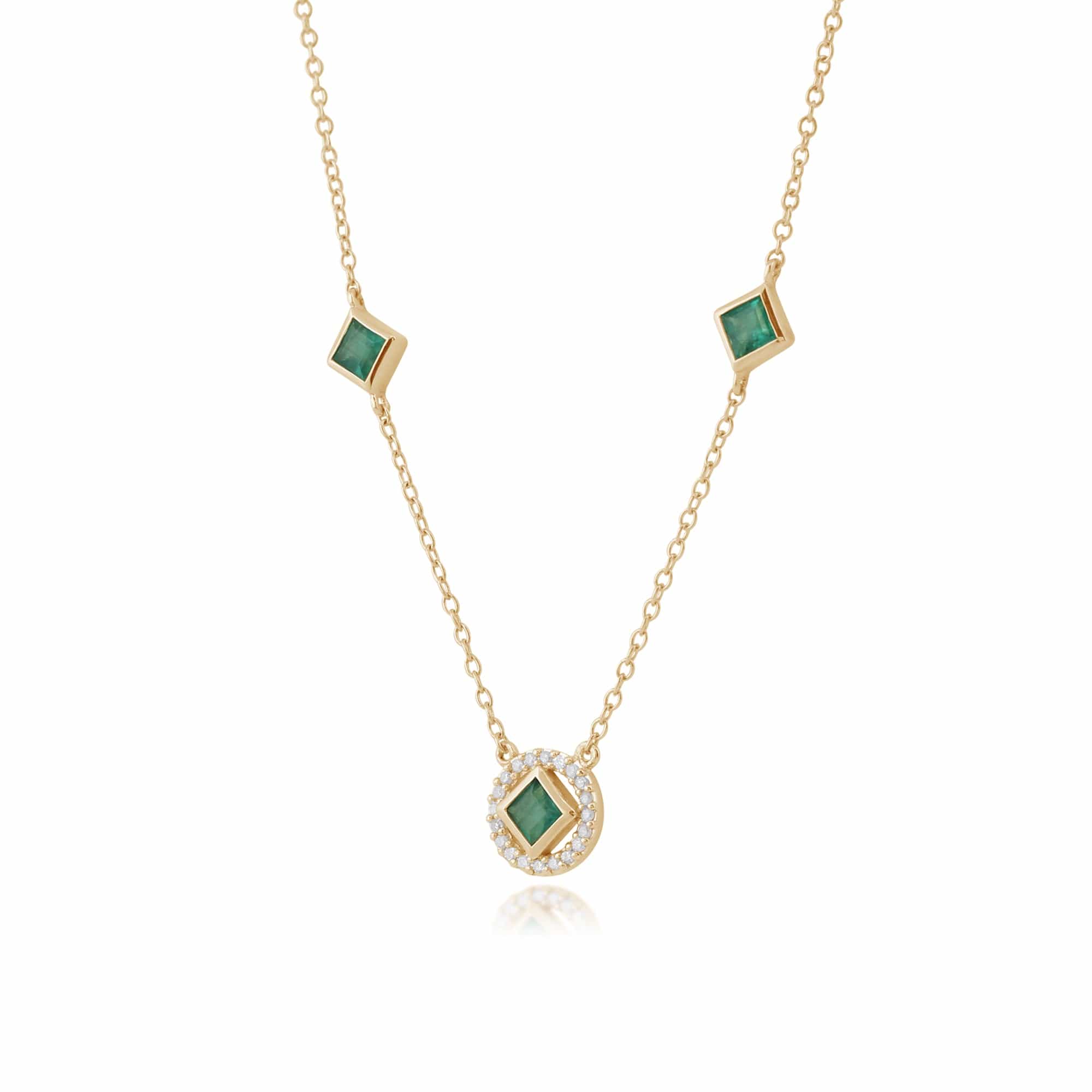 Classic Square Emerald & Diamond Halo Necklace in 9ct Yellow Gold - Gemondo