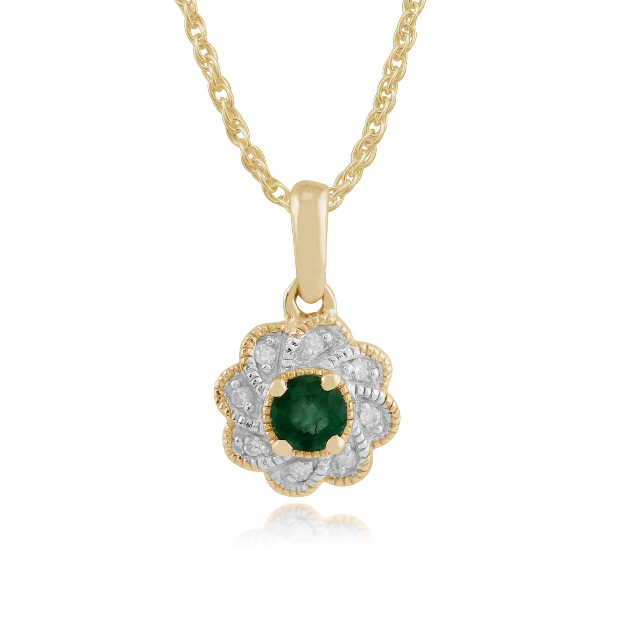 Gemondo 9ct Yellow Gold 0.20ct Emerald & Diamond Floral Pendant on 45cm Chain Image