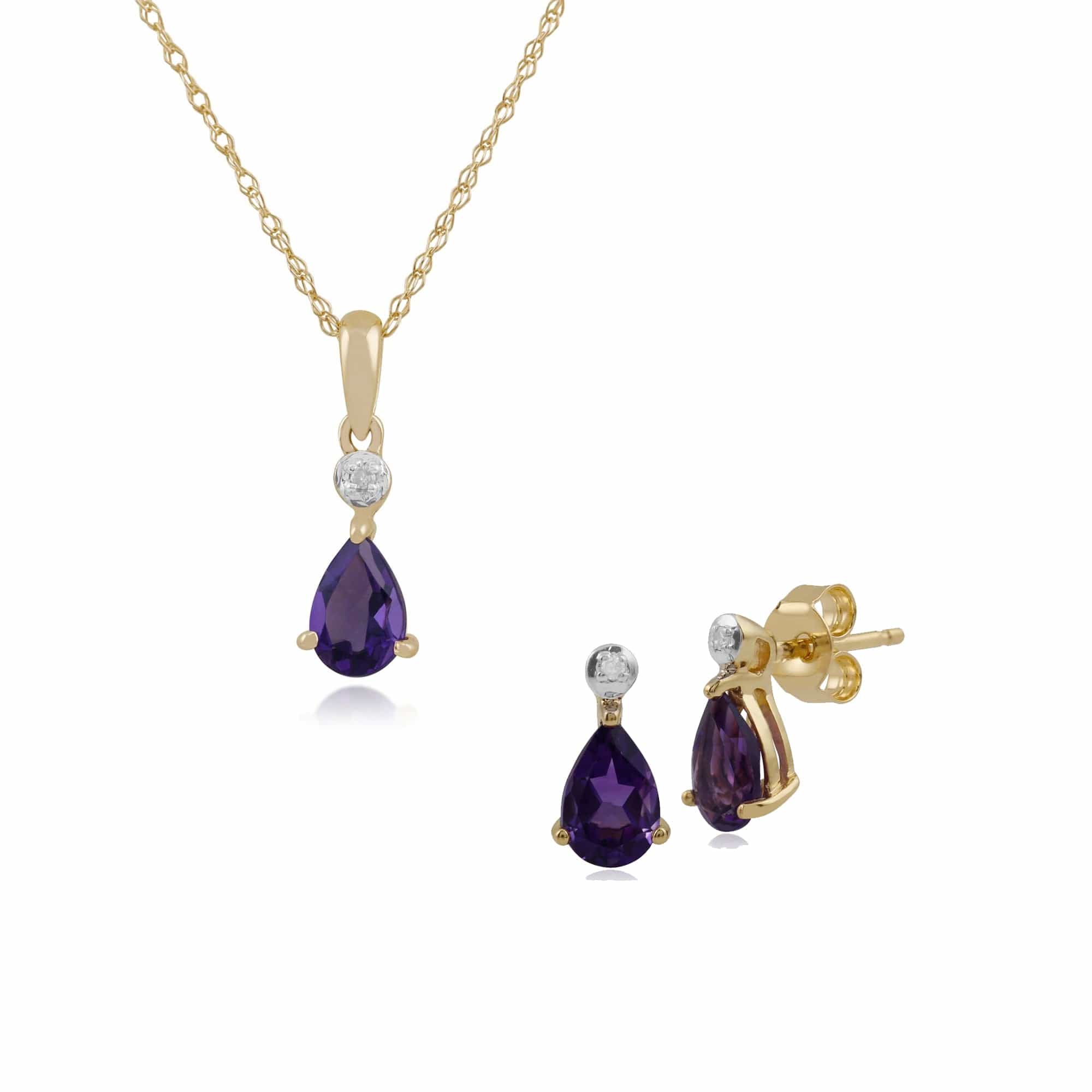 135E1263059-135P1643039 Classic Pear Amethyst & Diamond Stud Earrings & Pendant Set in 9ct Yellow Gold 1