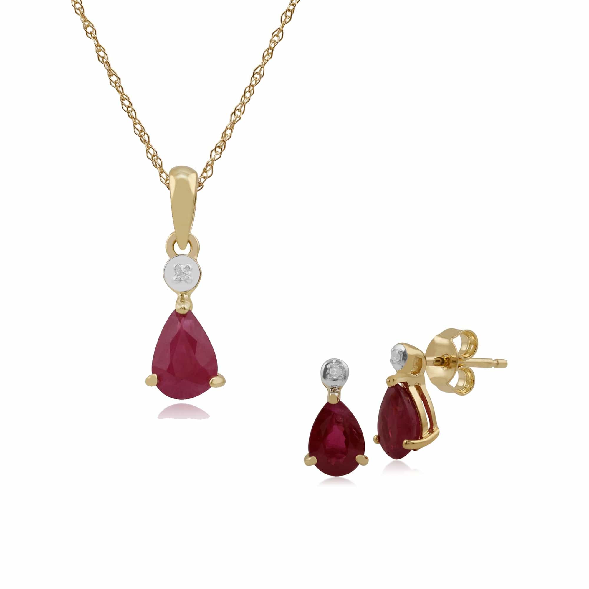 135E1263029-135P1643069 Classic Pear Ruby & Diamond Stud Earrings & Pendant Set in 9ct Yellow Gold 1
