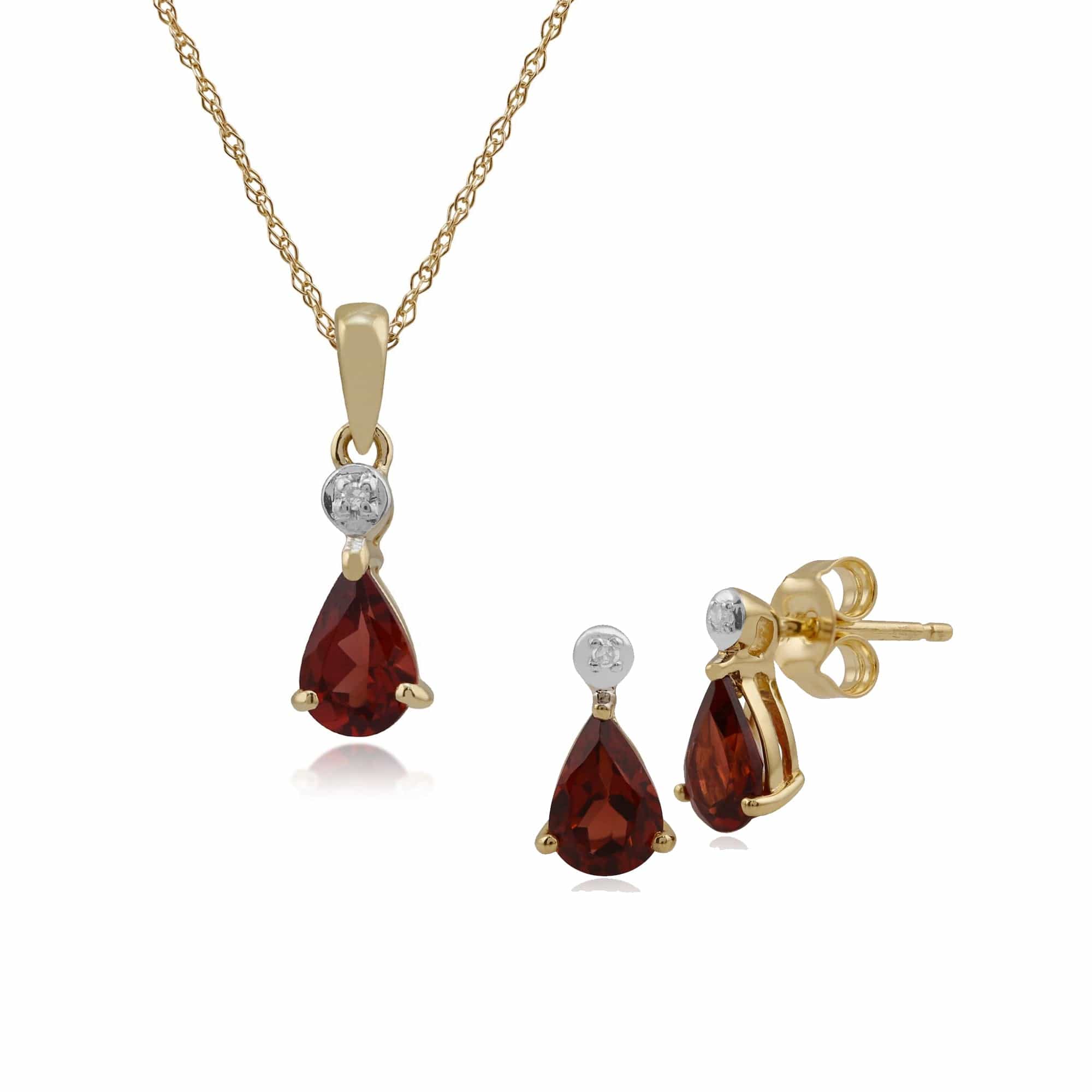 135E1263079-135P1643089 Classic Pear Garnet & Diamond Stud Earrings & Pendant Set in 9ct Yellow Gold 1