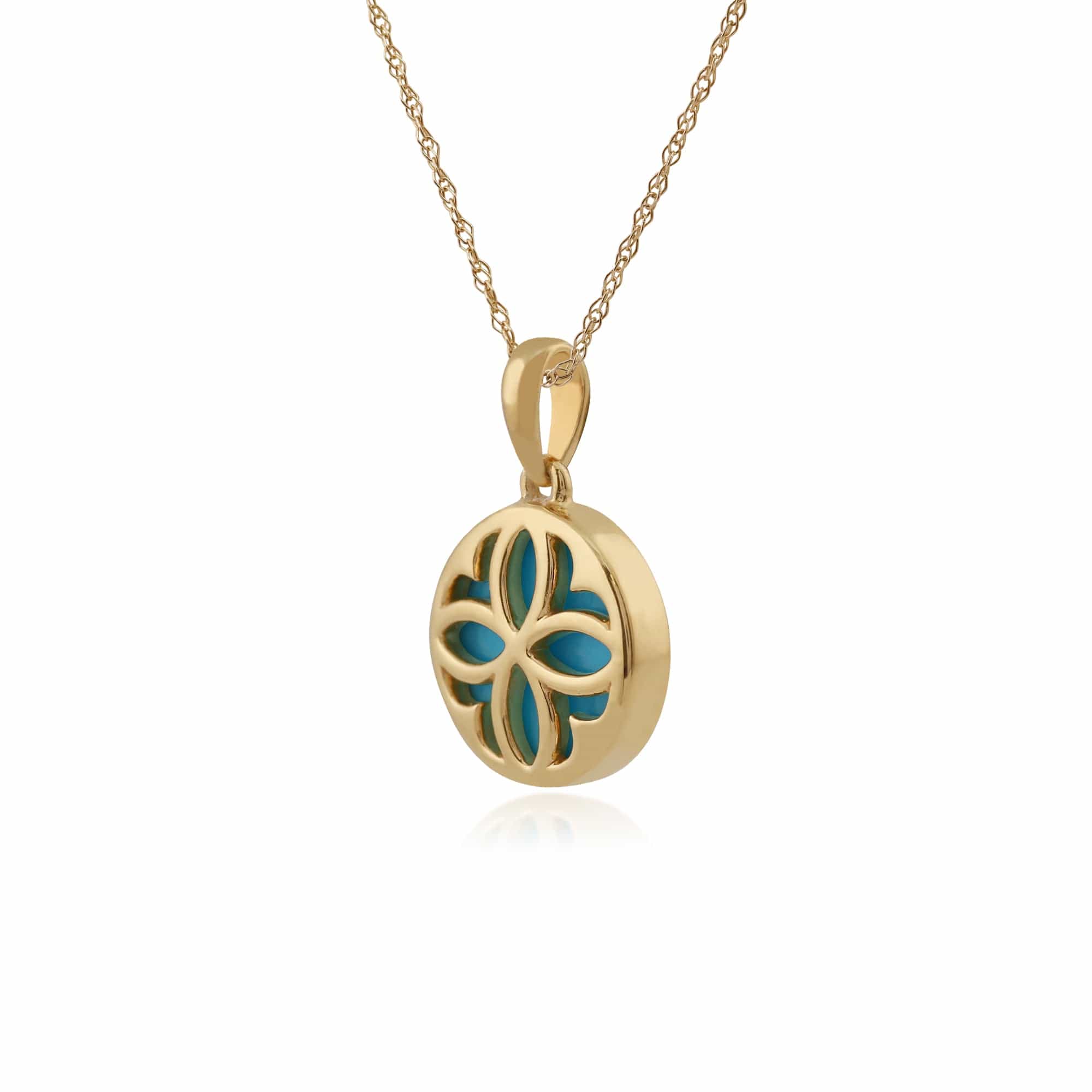 135P1659019 Art Nouveau Style Round Turquoise Floral Pattern Overlay Pendant in 9ct Yellow Gold 4