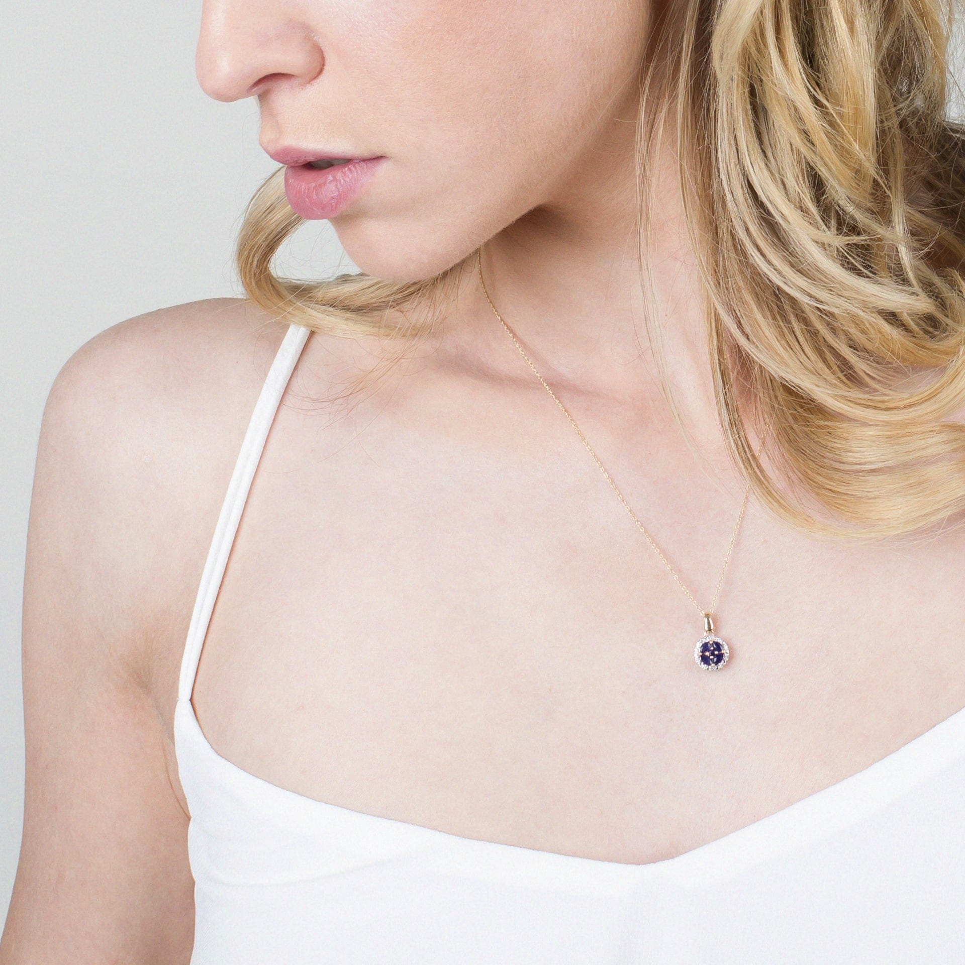 Classic Marquise Sapphire & Diamond Halo Cluster Pendant in 9ct Yellow Gold - Gemondo