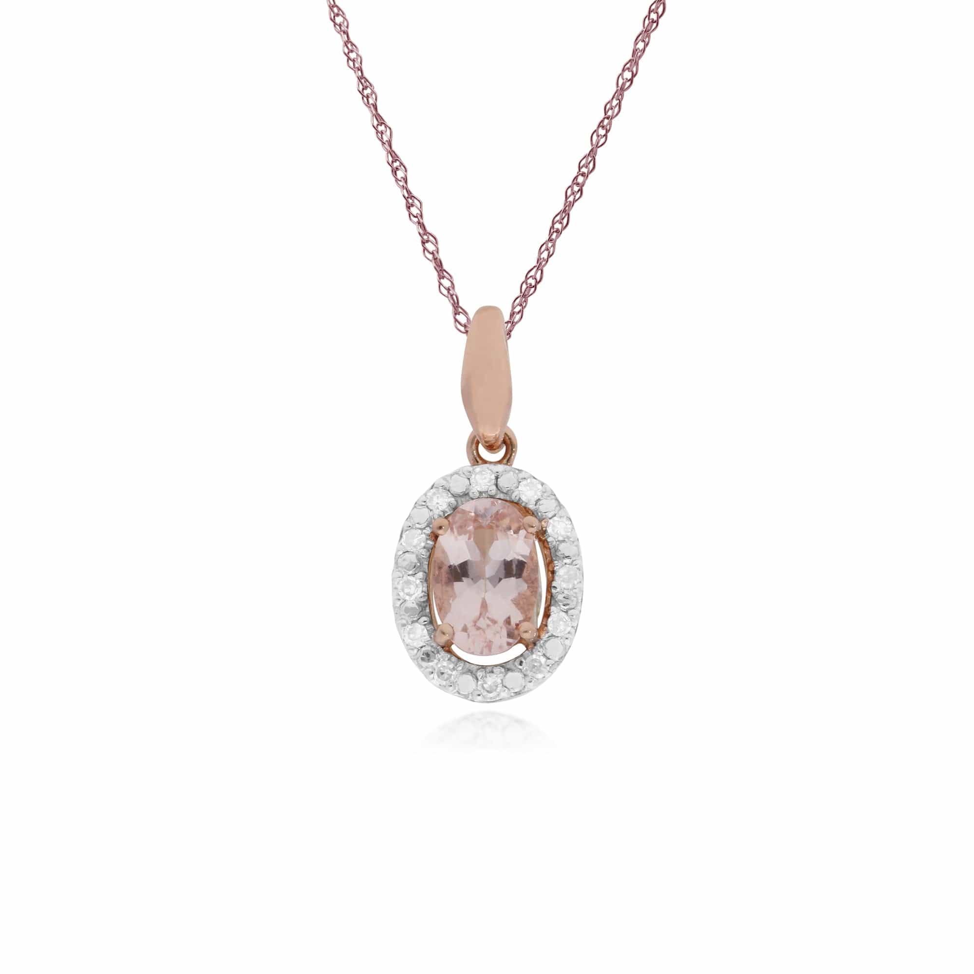 135P1745019 Classic Oval Morganite & Diamond Halo Pendant in 9ct Rose Gold 1