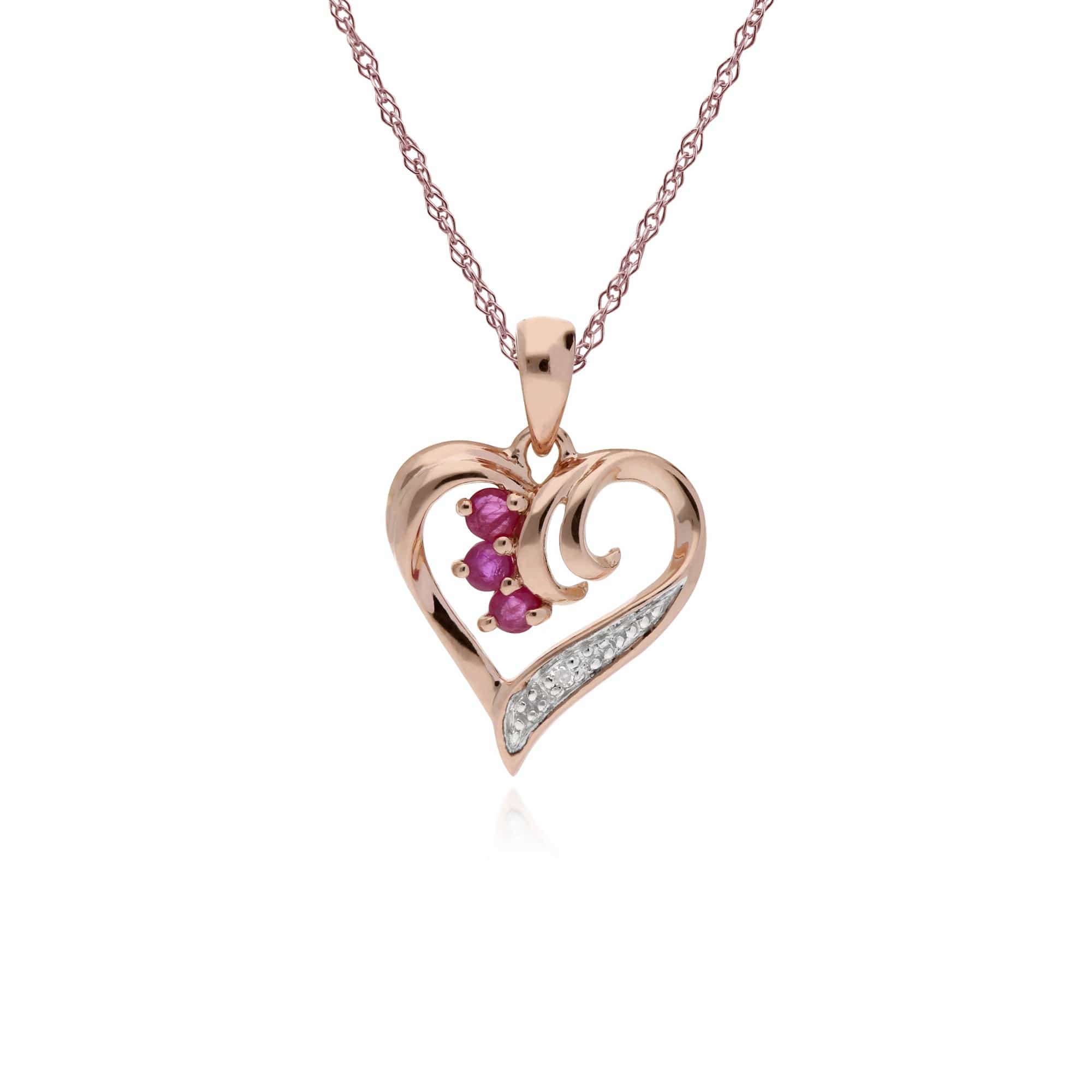 Classic Round Ruby & Diamond Swirled Love Heart Pendant in 9ct Rose Gold - Gemondo