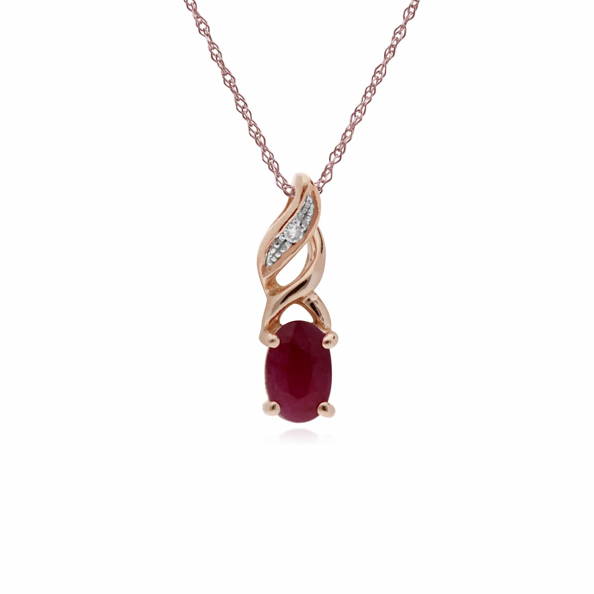 Classic Oval Ruby & Diamond Spiral Bale Pendant in 9ct Rose Gold - Gemondo
