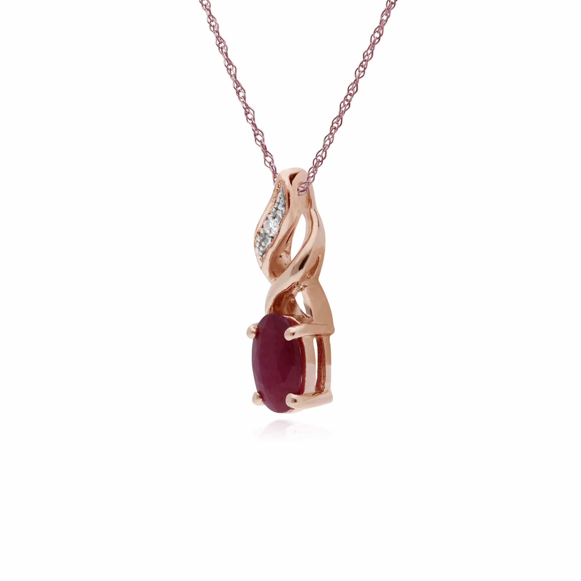 Classic Oval Ruby & Diamond Spiral Bale Pendant in 9ct Rose Gold - Gemondo