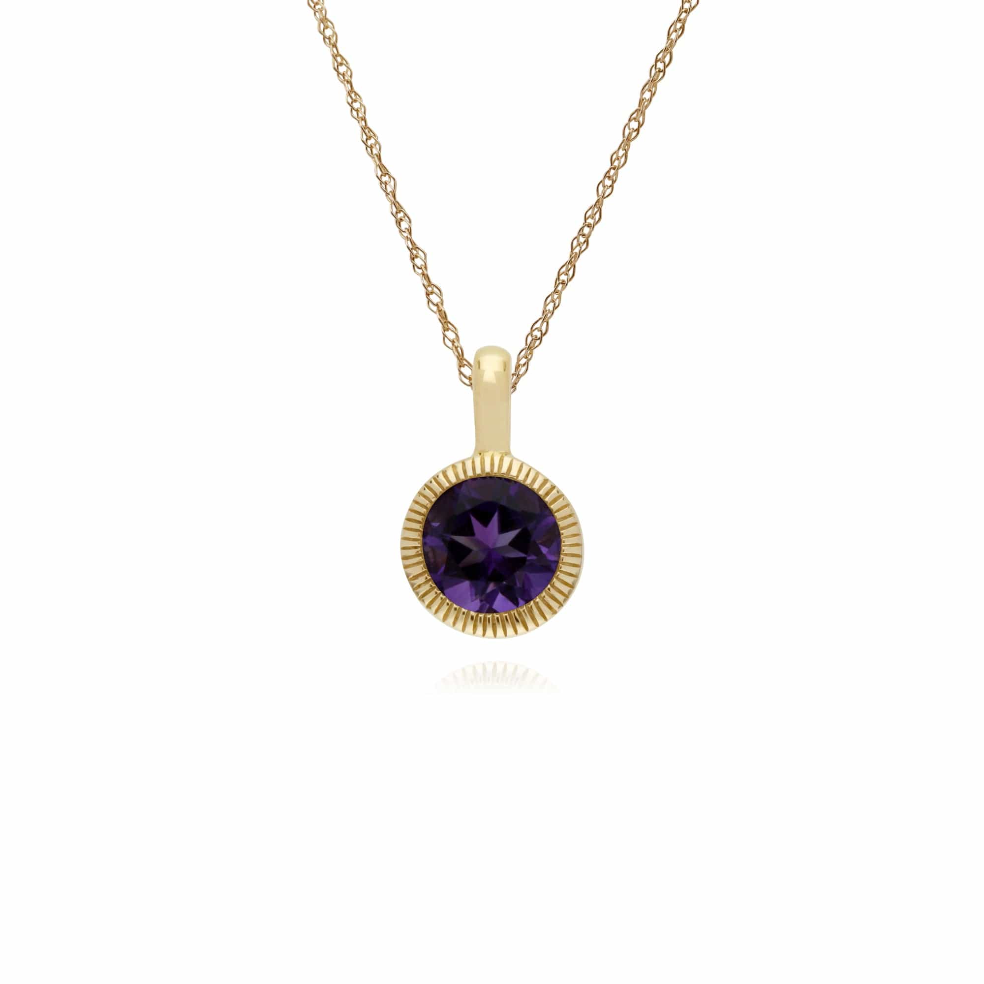 Classic Single Stone Round Amethyst Milgrain Pendant in 9ct Yellow Gold - Gemondo