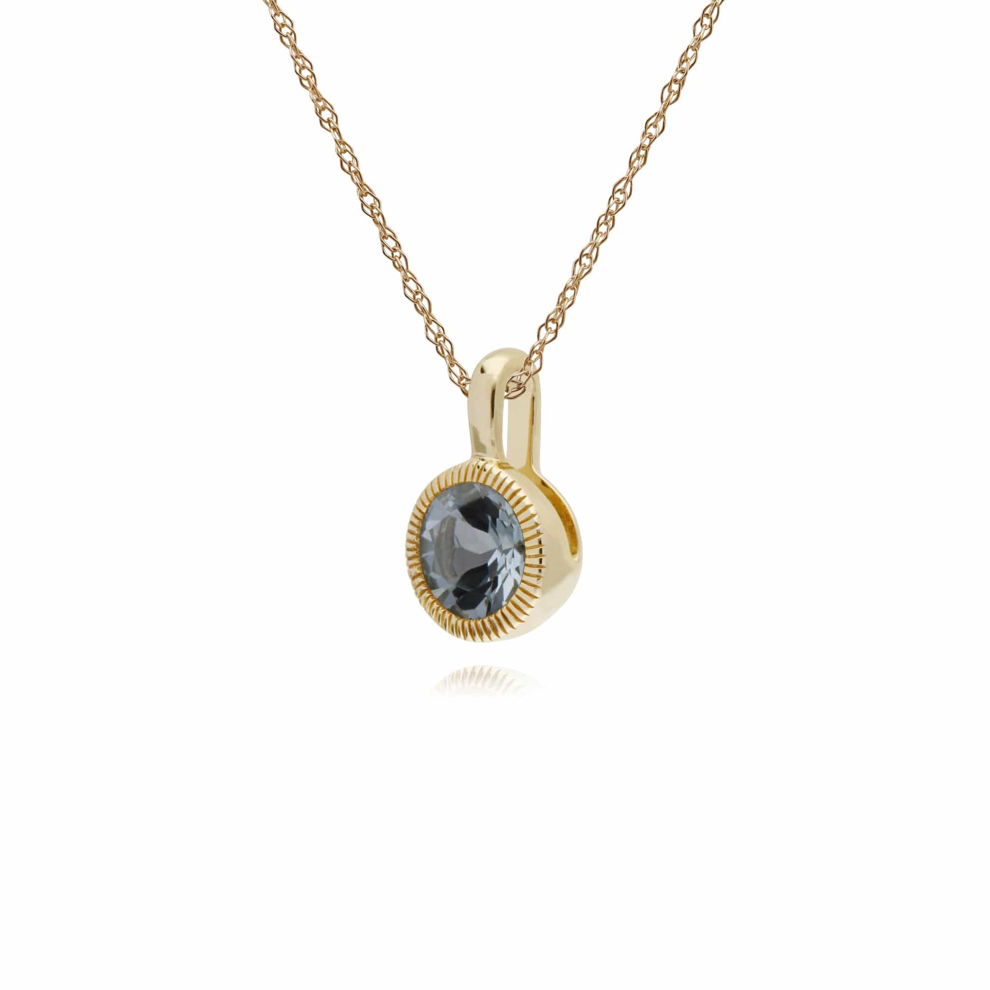 Classic Single Stone Round Aquamarine Milgrain Pendant in 9ct Yellow Gold - Gemondo