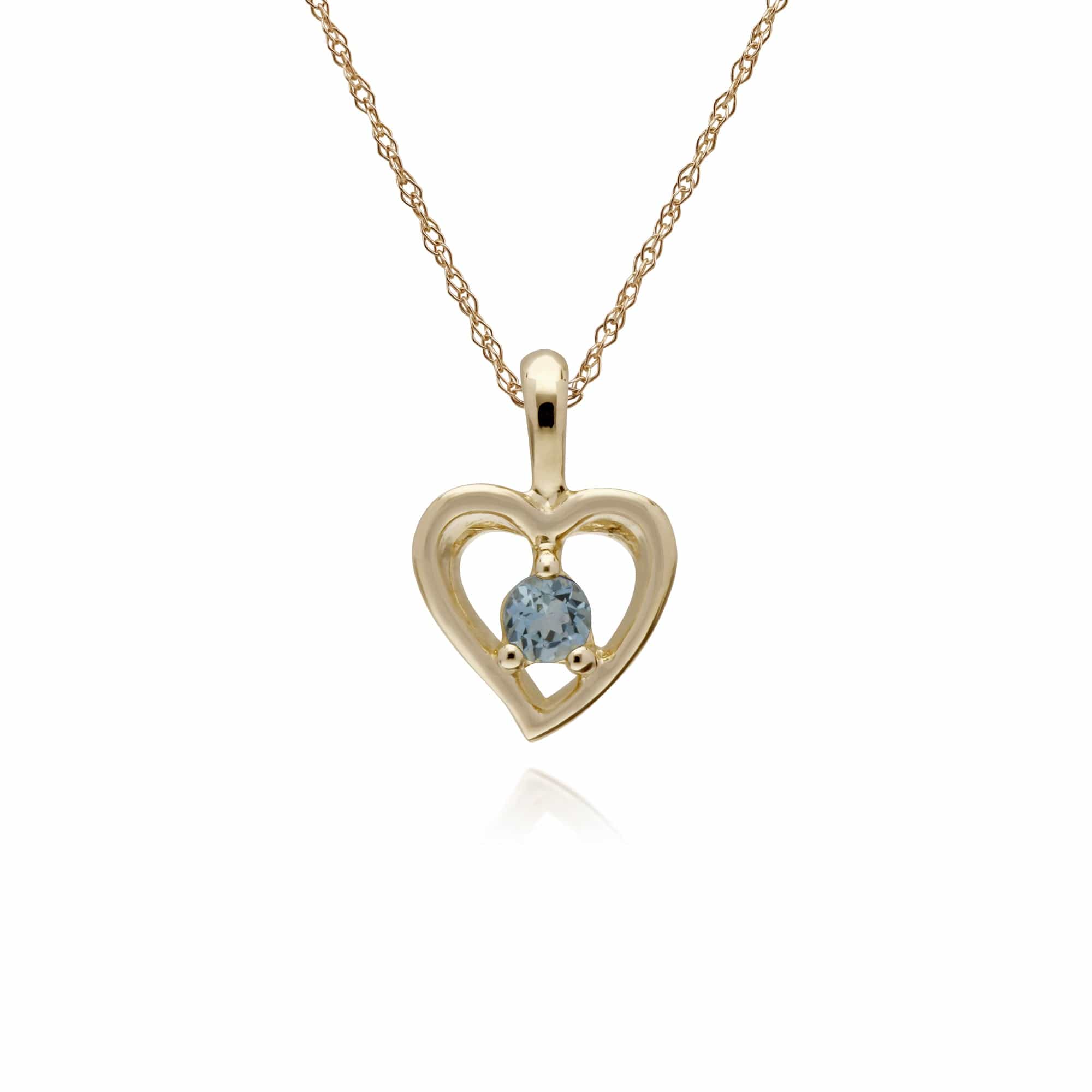 Classic Single Stone Round Aquamarine Open Love Heart Pendant in 9ct Yellow Gold - Gemondo