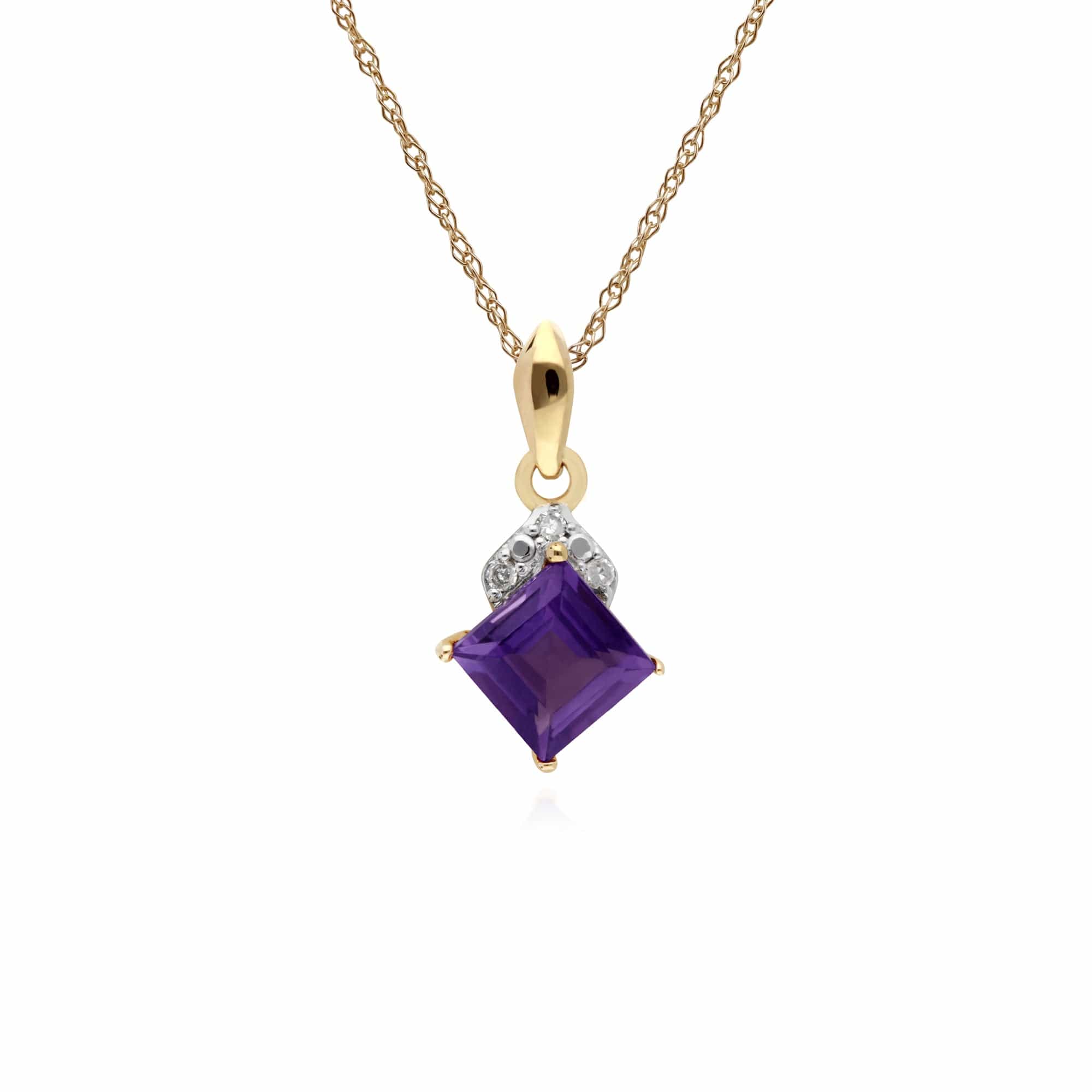 Gemondo 9ct Yellow Gold Amethyst & Diamond Square Pendant on 45cm Chain - Gemondo