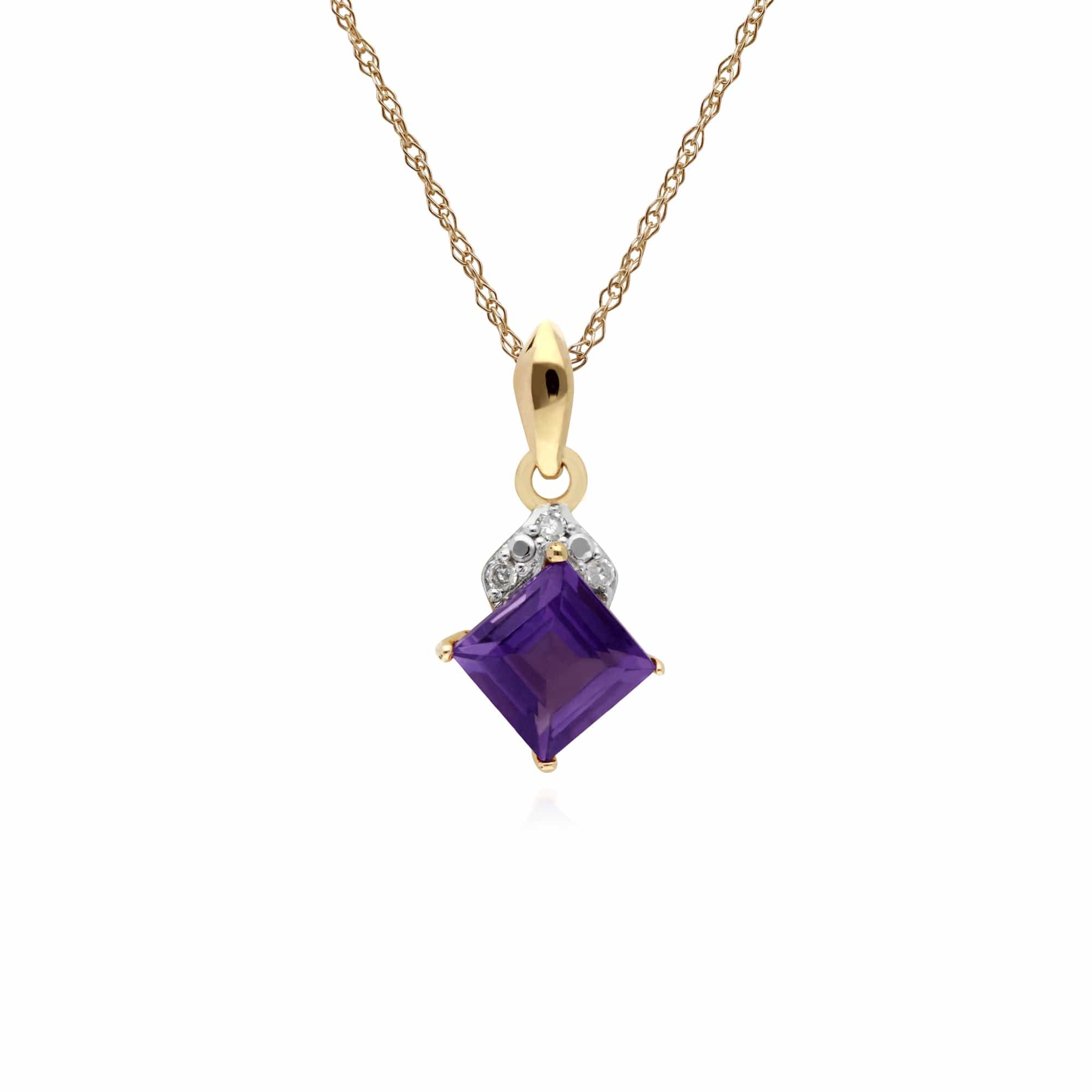 135P1894019 Gemondo 9ct Yellow Gold Amethyst & Diamond Square Pendant on 45cm Chain 1