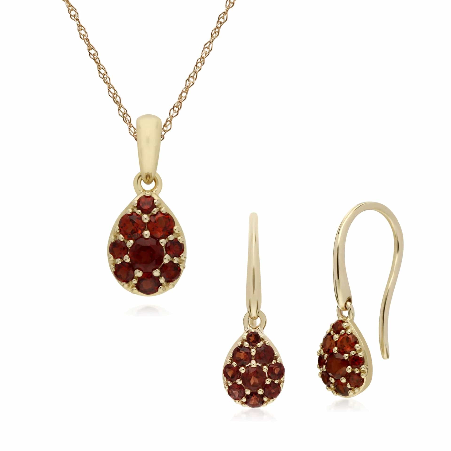 135E1574039-135P1909039 Classic Round Garnet Pear Cluster Drop Earrings & Pendant Set in 9ct Yellow Gold 1