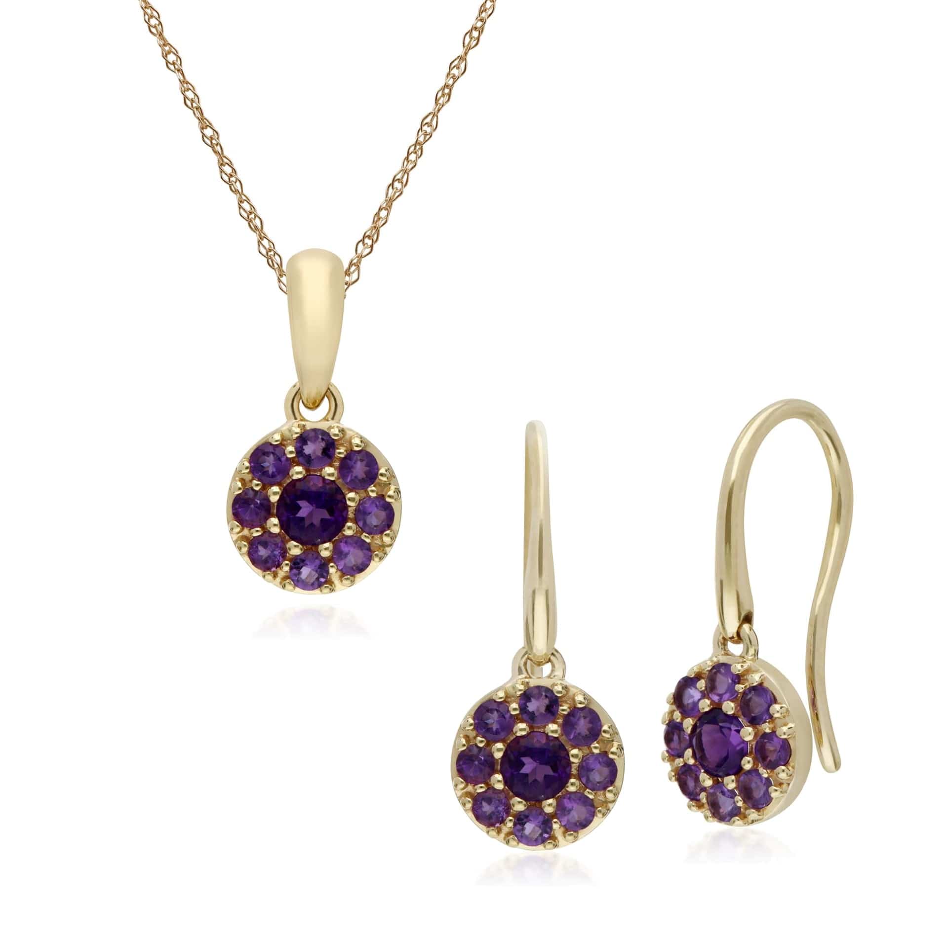 135E1573049-135P1910049 Classic Round Amethyst Cluster Drop Earrings & Pendant Set in 9ct Yellow Gold 1