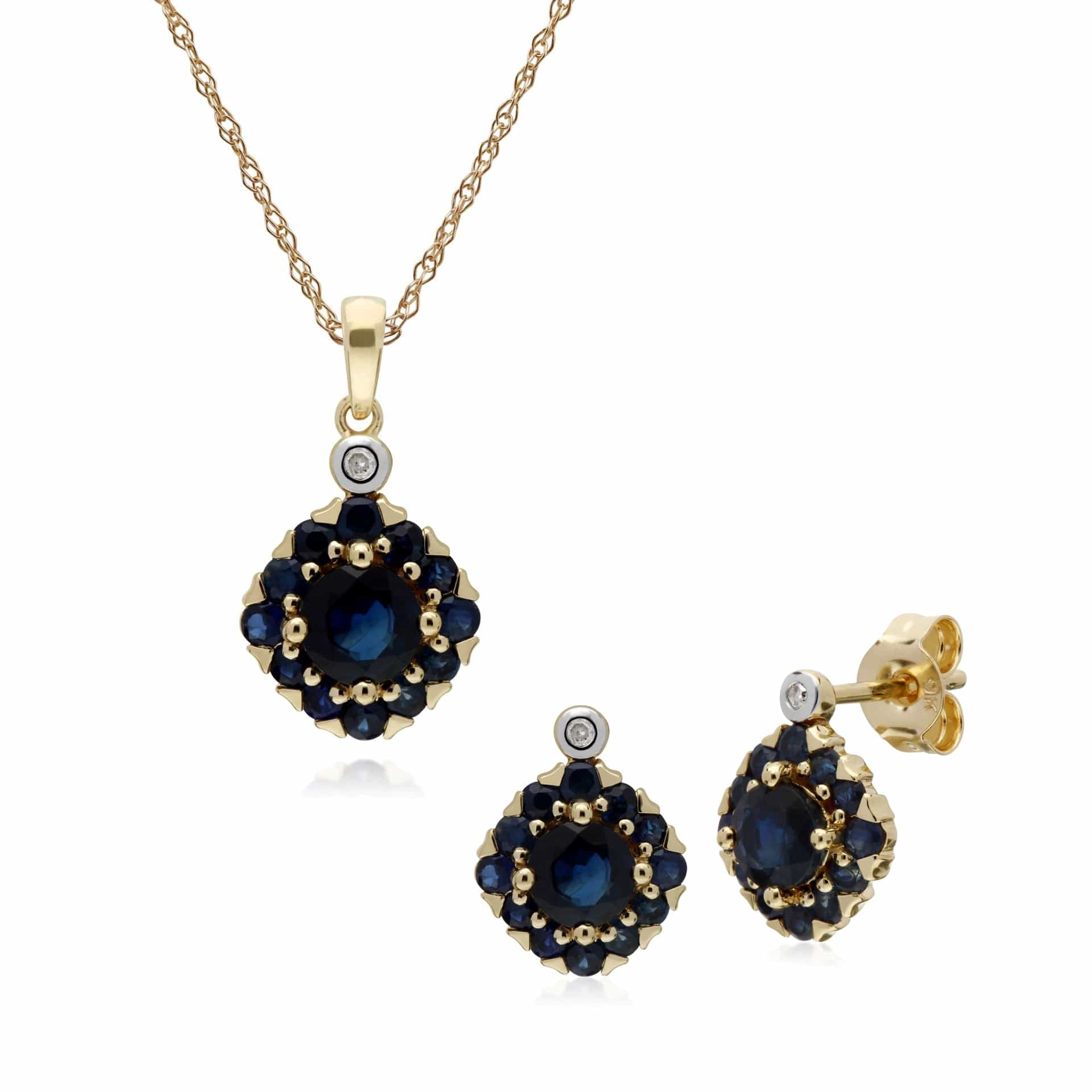 Classic Sapphire & Diamond Cluster Stud Earrings & Pendant Set Image 1