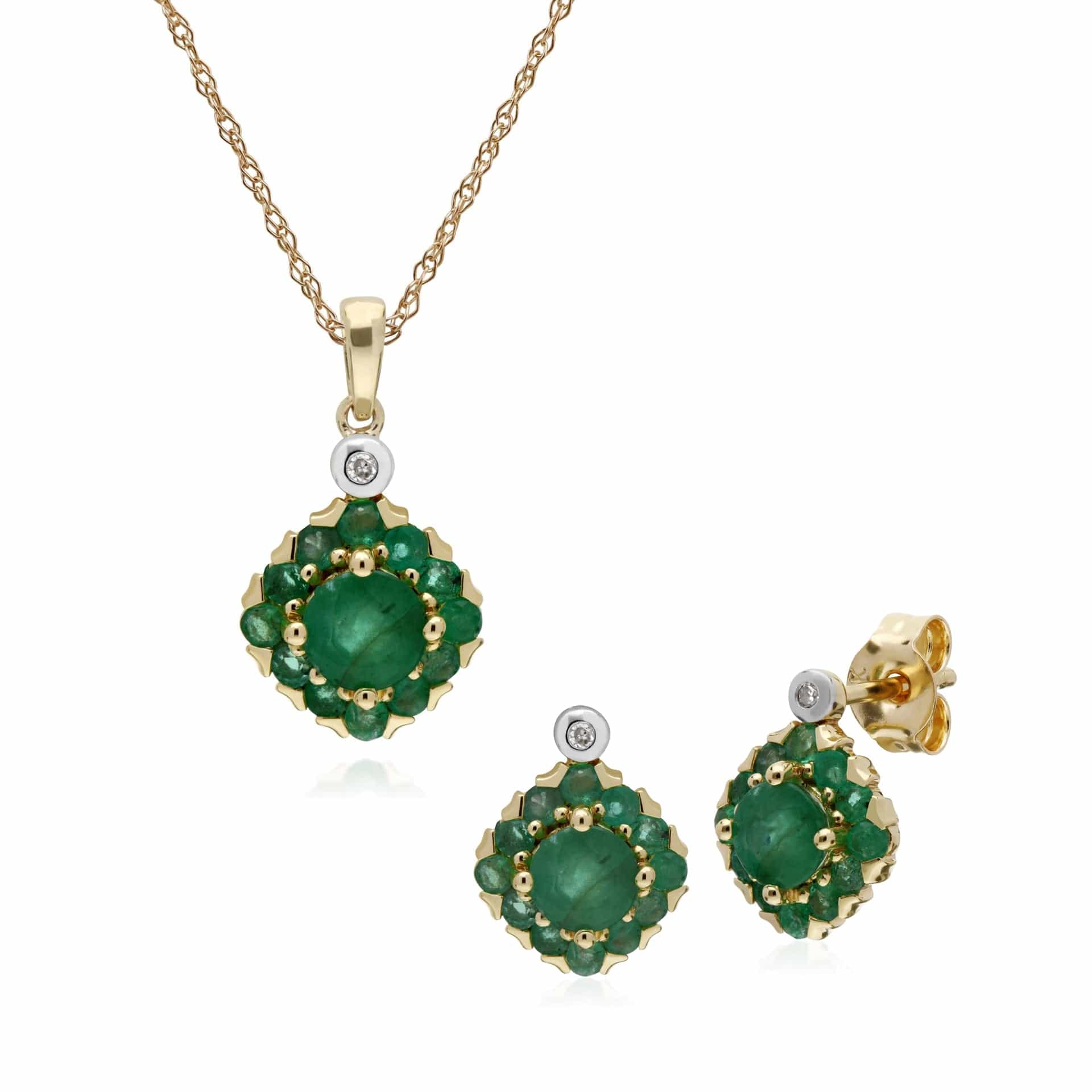 Classic Emerald & Diamond Cluster Stud Earrings & Pendant Set Image 1