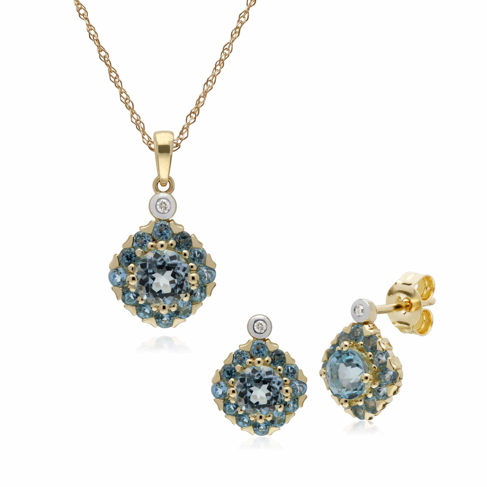 Classic Blue Topaz & Diamond Cluster Stud Earrings & Pendant Set Image 1