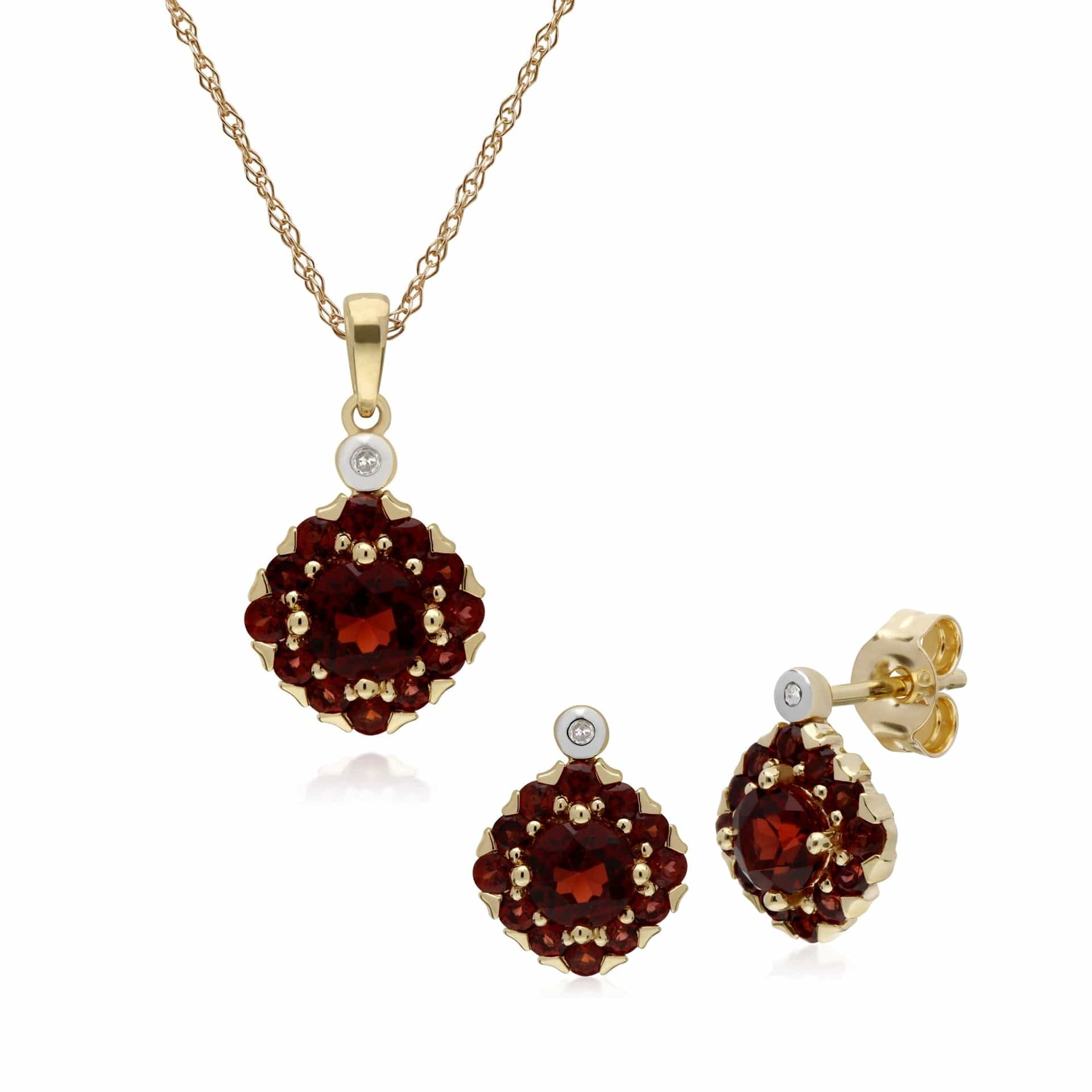 135E1571069-135P1911069 Classic Round Garnet & Diamond Square Cluster Stud Earrings & Pendant Set in 9ct Yellow Gold 1