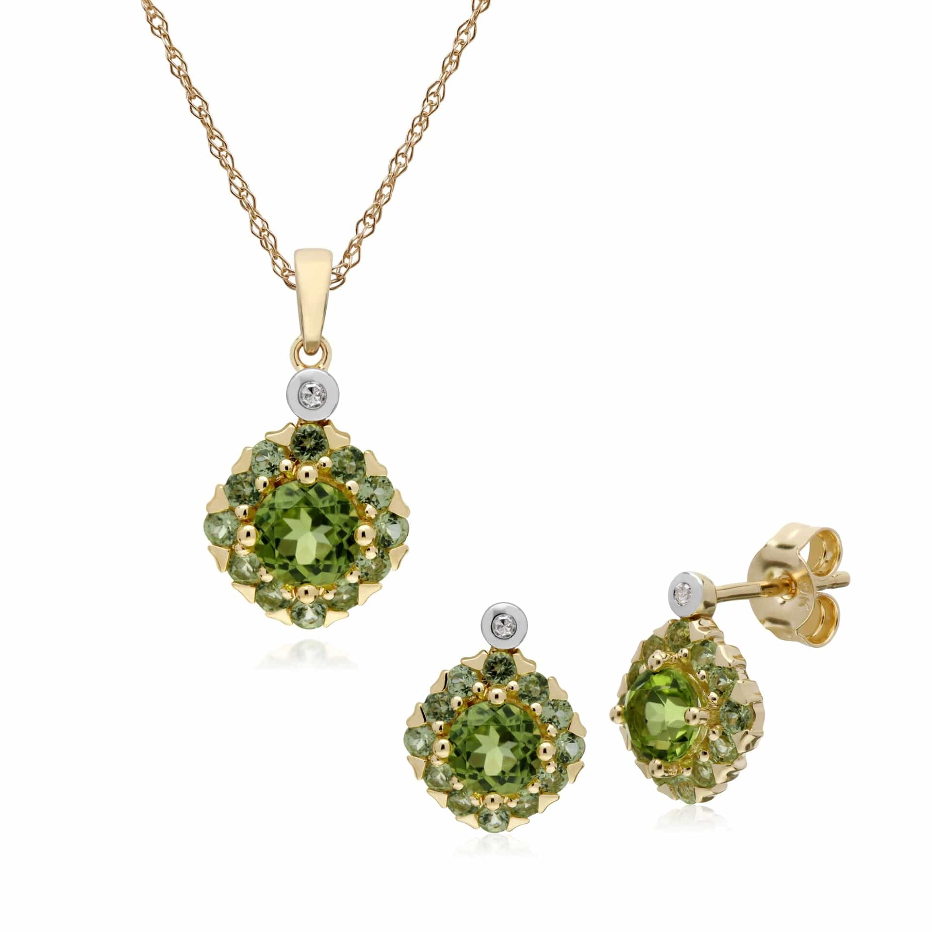 135E1571079-135P1911079 Classic Round Peridot & Diamond Square Cluster Stud Earrings & Pendant Set in 9ct Yellow Gold 1