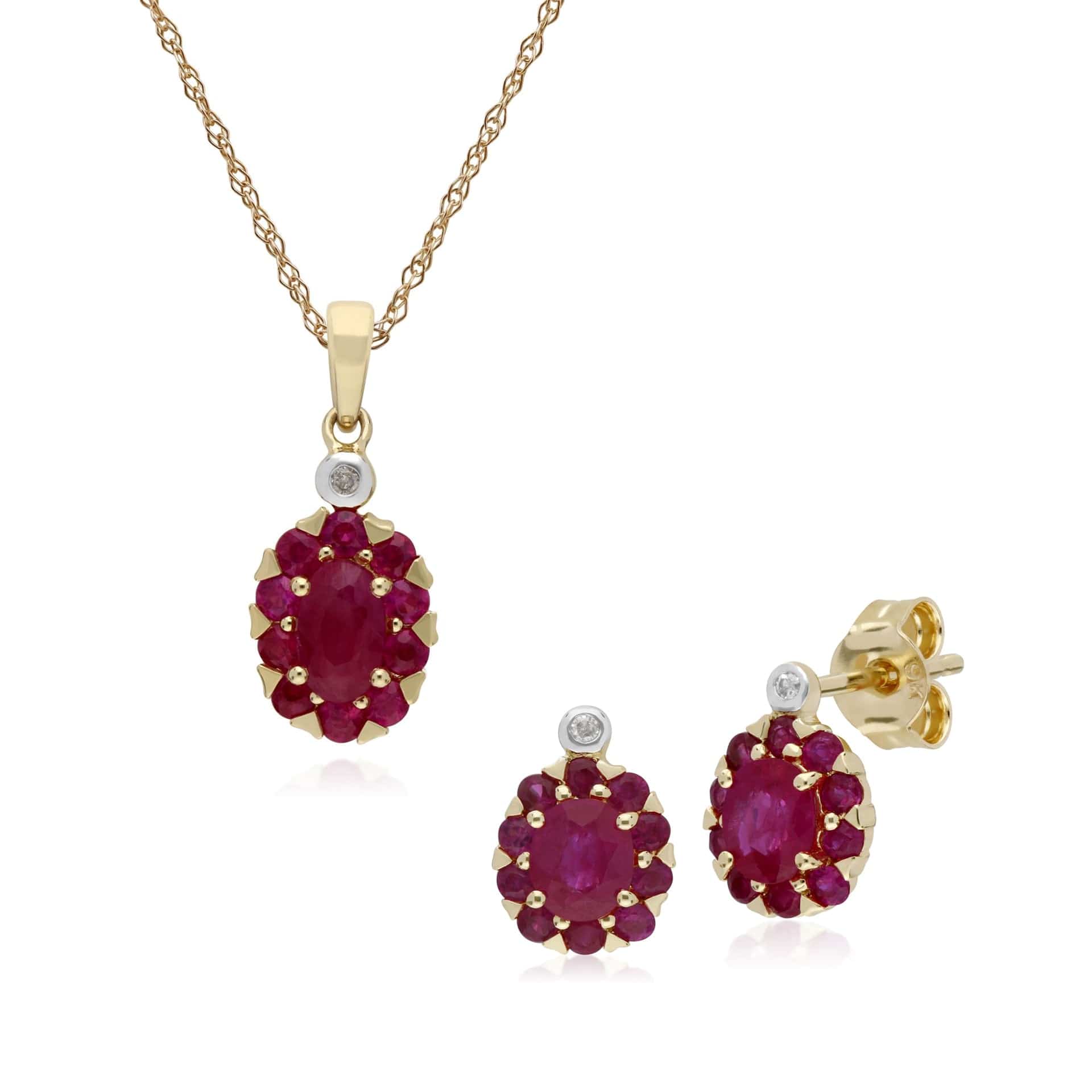 Classic Ruby & Diamond Cluster Stud Earrings & Pendant Set Image 1