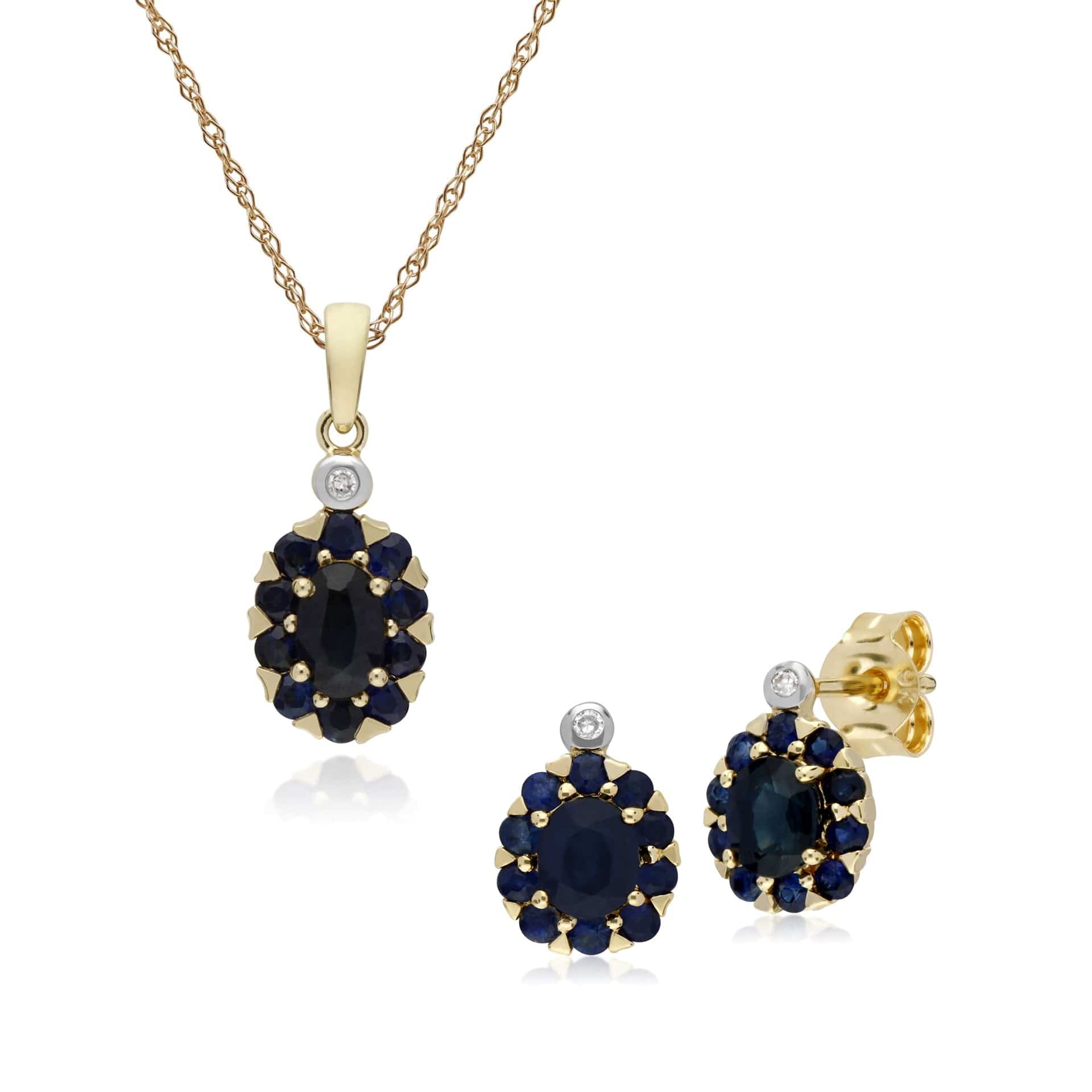 135E1572029-135P1912029 Classic Oval Sapphire & Diamond Cluster Stud Earrings & Pendant Set in 9ct Yellow Gold 1