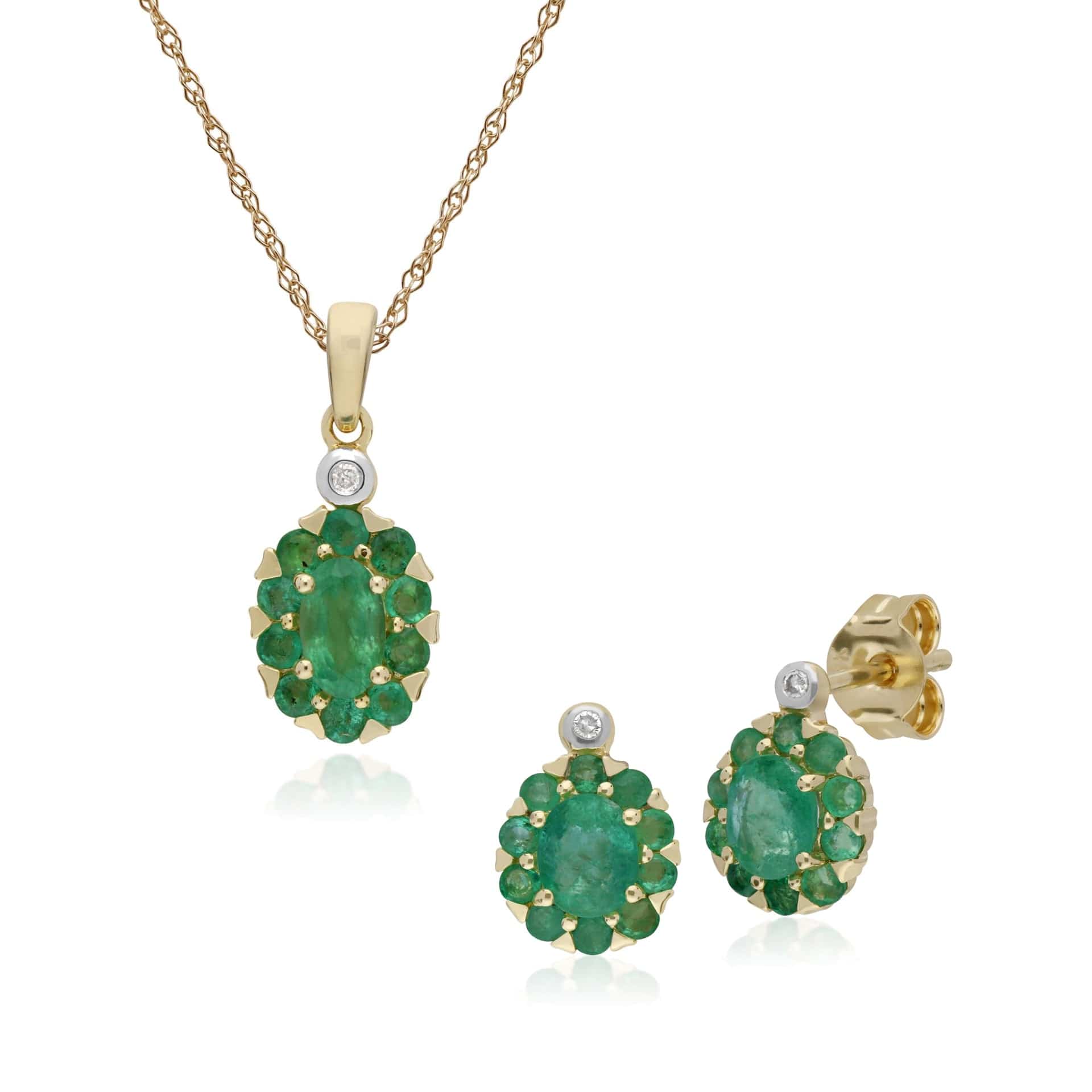 Classic Emerald & Diamond Cluster Stud Earrings & Pendant Set Image 1
