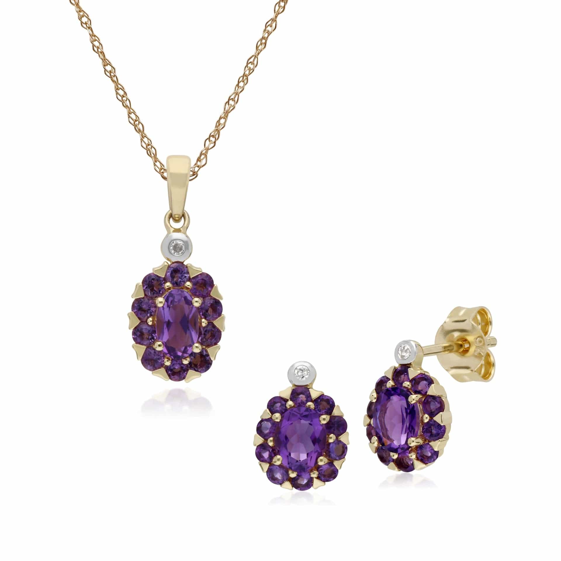 Classic Amethyst & Diamond Cluster Stud Earrings & Pendant Set Image 1