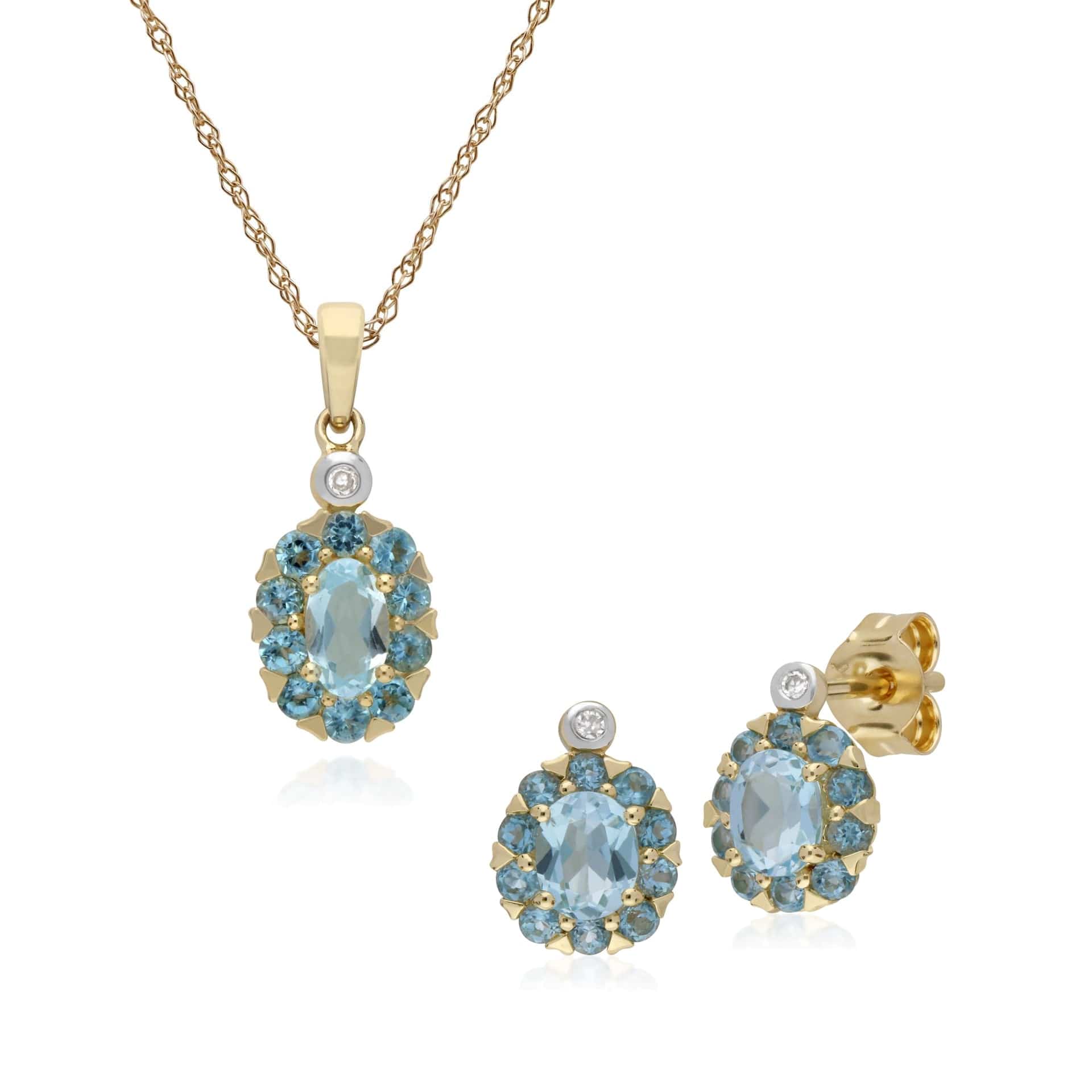 Classic Blue Topaz & Diamond Cluster Stud Earrings & Pendant Set Image 1