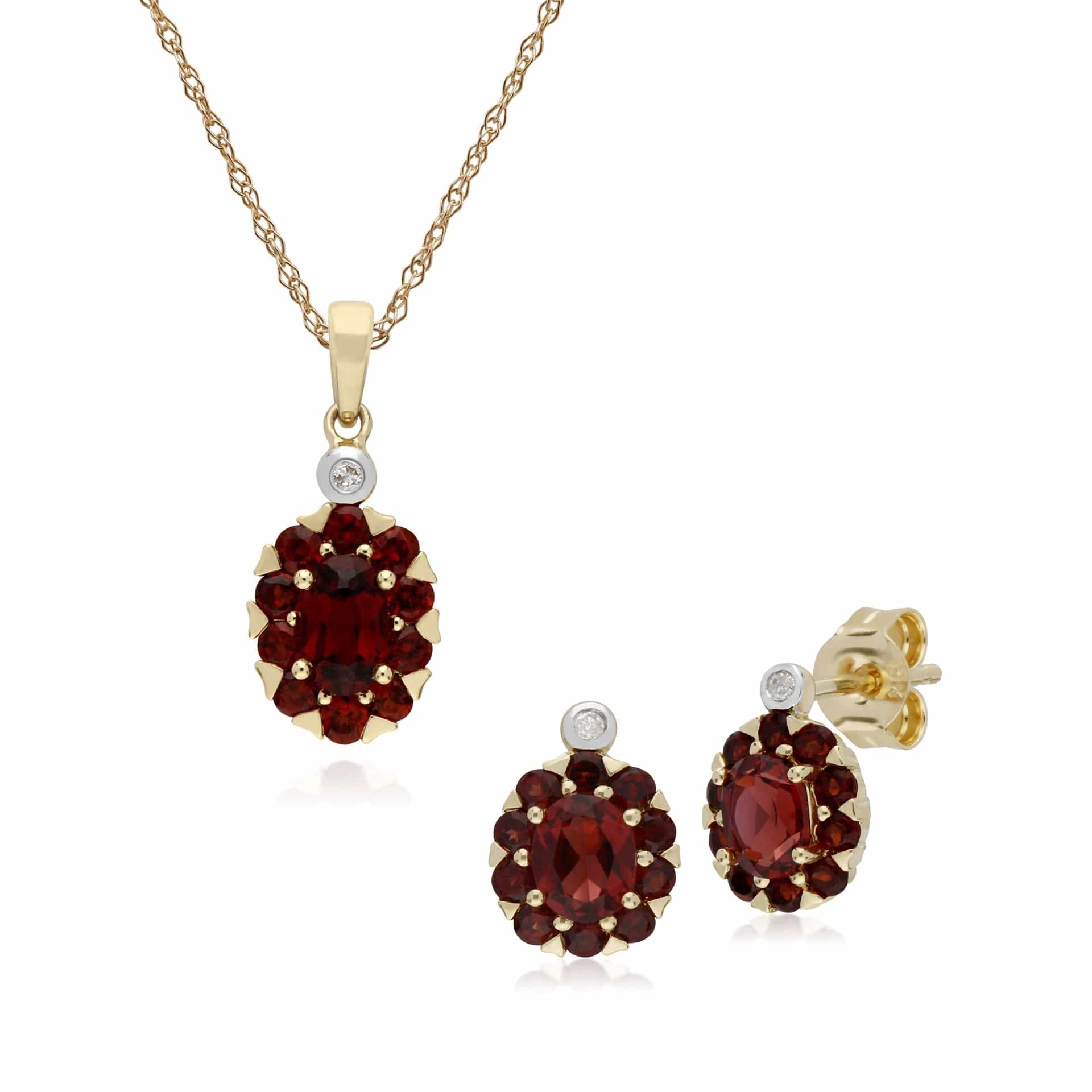 135E1572069-135P1912069 Classic Oval Garnet & Diamond Cluster Stud Earrings & Pendant Set in 9ct Yellow Gold 1