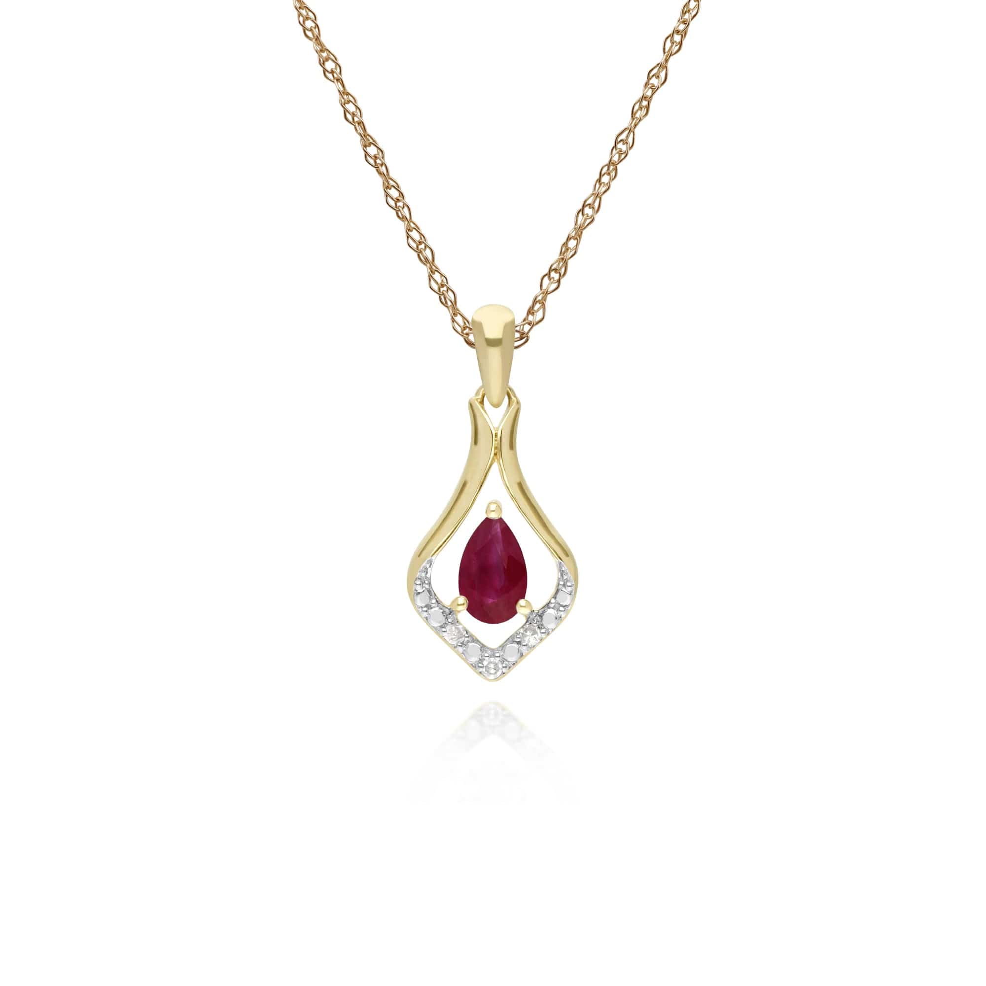 Classic Pear Ruby & Three Diamond Leaf Halo Pendant in 9ct Yellow Gold - Gemondo