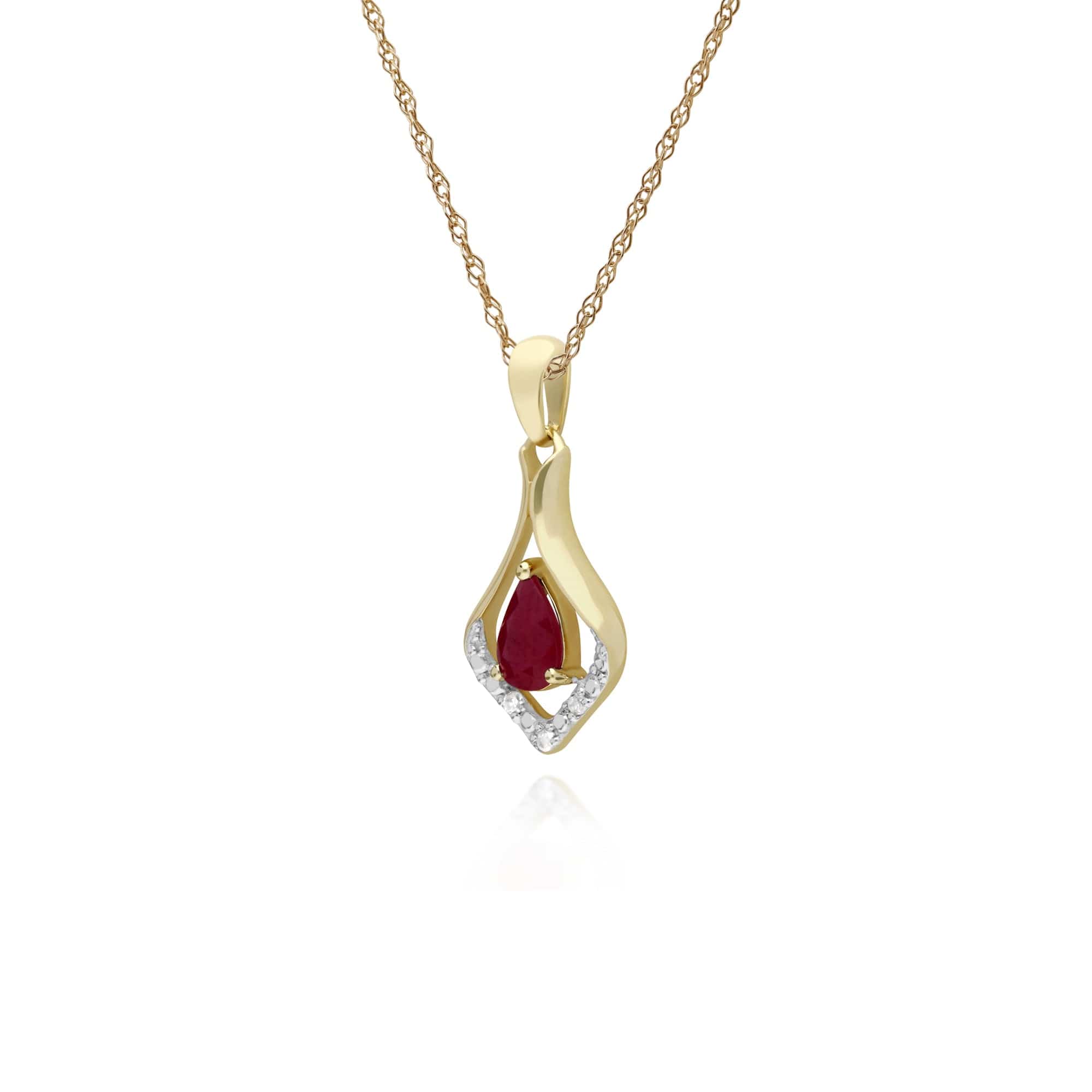 Classic Pear Ruby & Three Diamond Leaf Halo Pendant in 9ct Yellow Gold - Gemondo