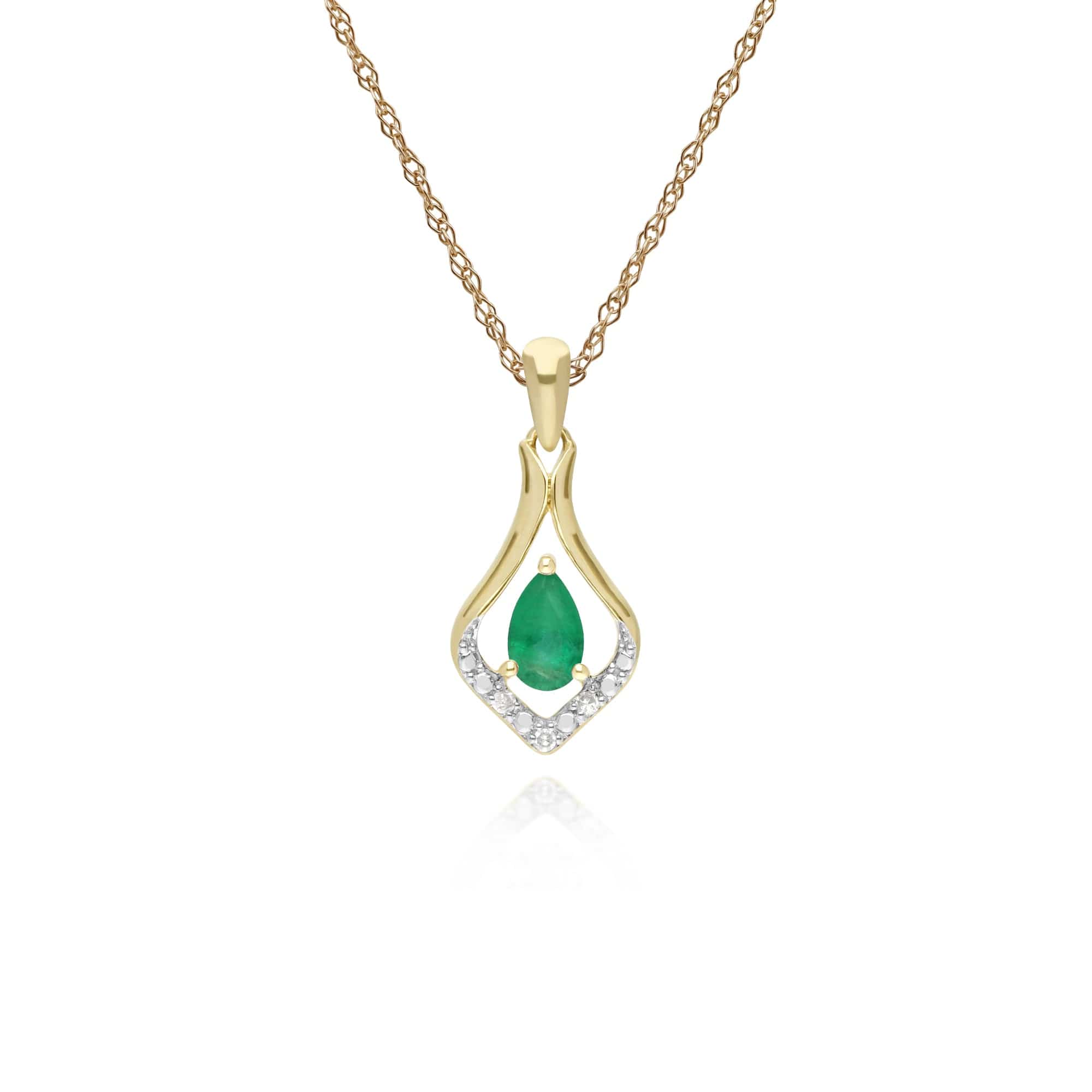 Classic Pear Emerald & Three Diamond Leaf Halo Pendant in 9ct Gold - Gemondo